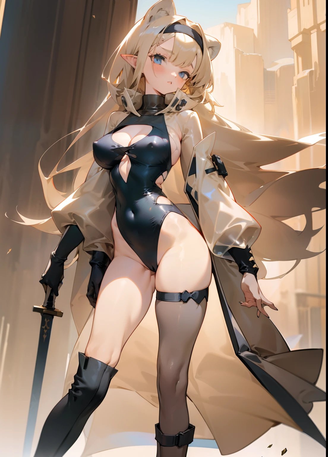 Deep V one-piece swimsuit,pointy ears,Long beige hair,Transparent coat,one-girl,Bigboobs,Siamese black silk,Over-the-knee boots,sword