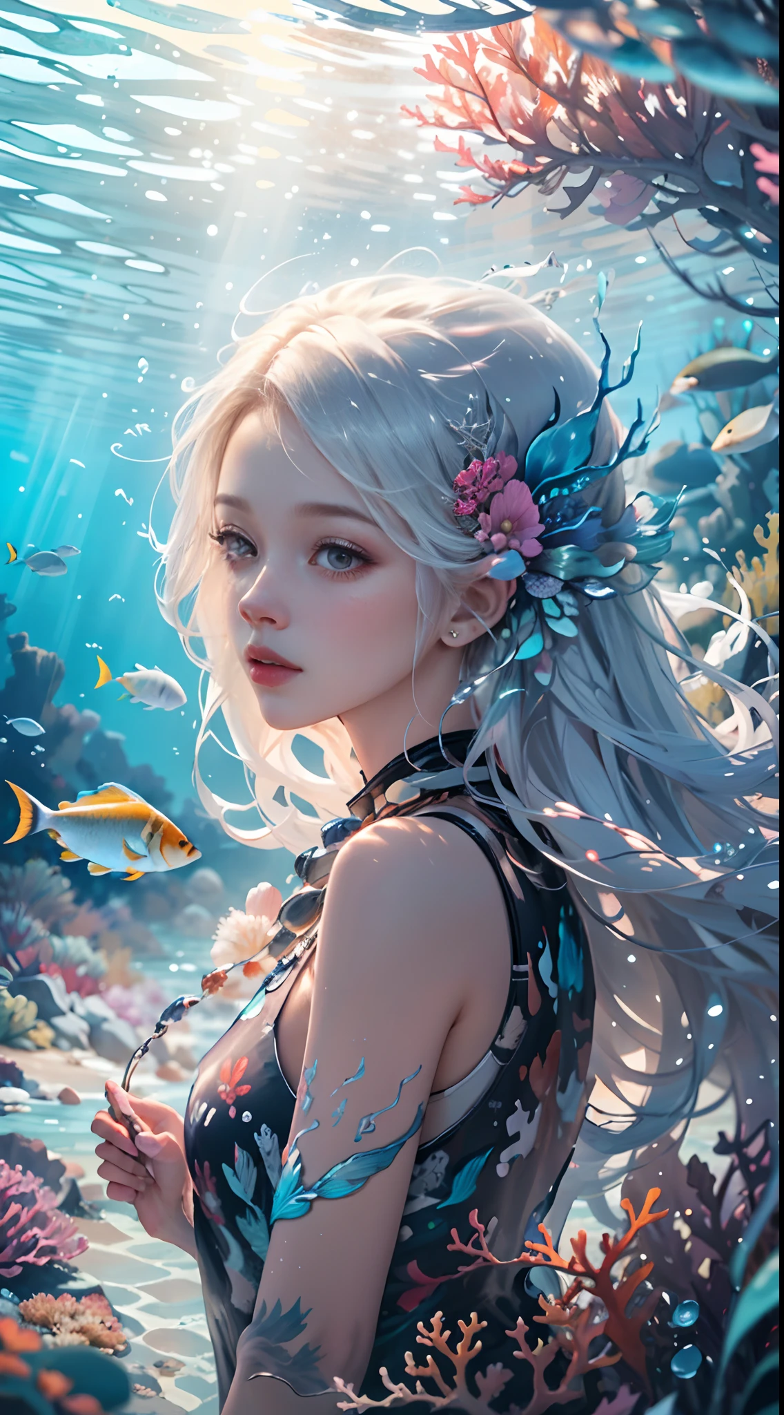 Conceptual art of marine life, Undersea landscape, Marine life,Beautiful coral reefs come in different shapes, 。.。.3D,, Fish, Female animated fantasy illustration. Long white hair scattered in the sea, Drift, Very harmonious. The whole painting adopts a messy and imaginative painting style. The colors are bright and saturated, line sleek. The mystery and beauty of the ocean, The painting depicts an underwater world full of life and vitality, Animated art wallpaper 8 K