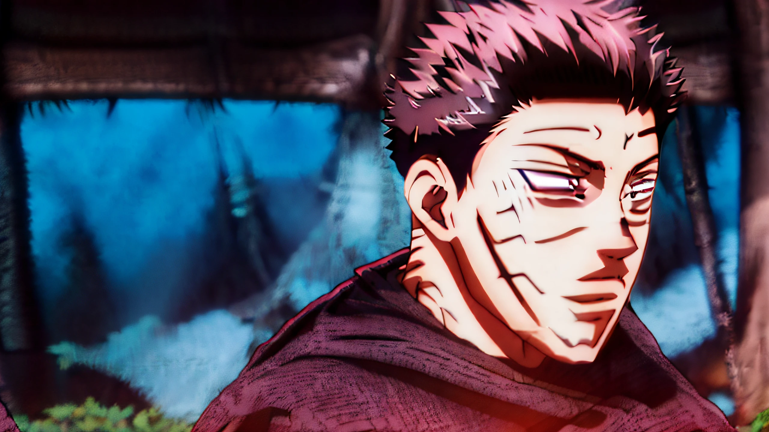 anime character with a black and a red hair, jujutsu kaisen, roguish smirk, as an anime character holding a microphone