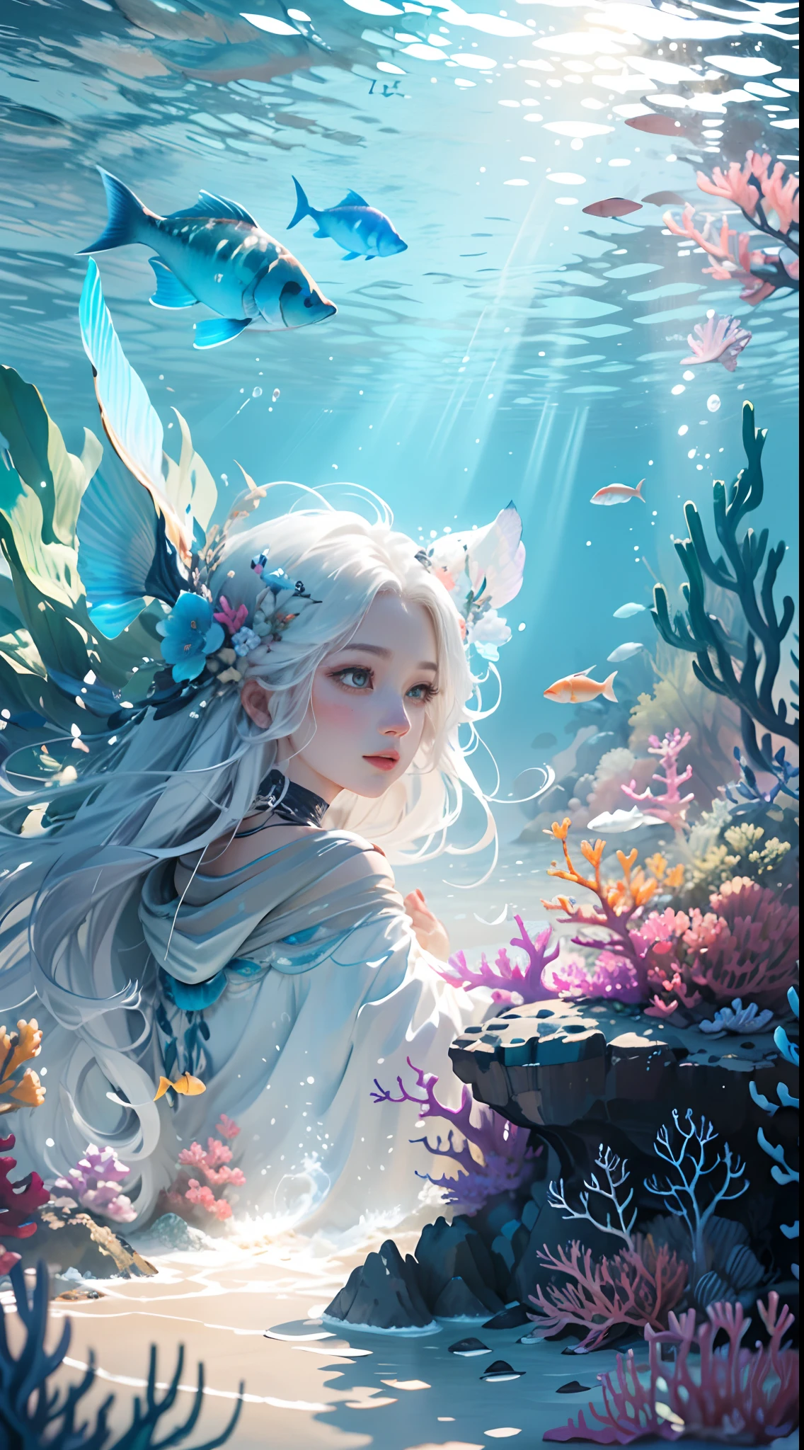 Conceptual art of marine life, Undersea landscape, Marine life,Beautiful coral reefs come in different shapes, 。.。.3D,, Fish, Female animated fantasy illustration. Long white hair scattered in the sea, Drift, Very harmonious. The whole painting adopts a messy and imaginative painting style. The colors are bright and saturated, line sleek. The mystery and beauty of the ocean, The painting depicts an underwater world full of life and vitality, Animated art wallpaper 8 K
