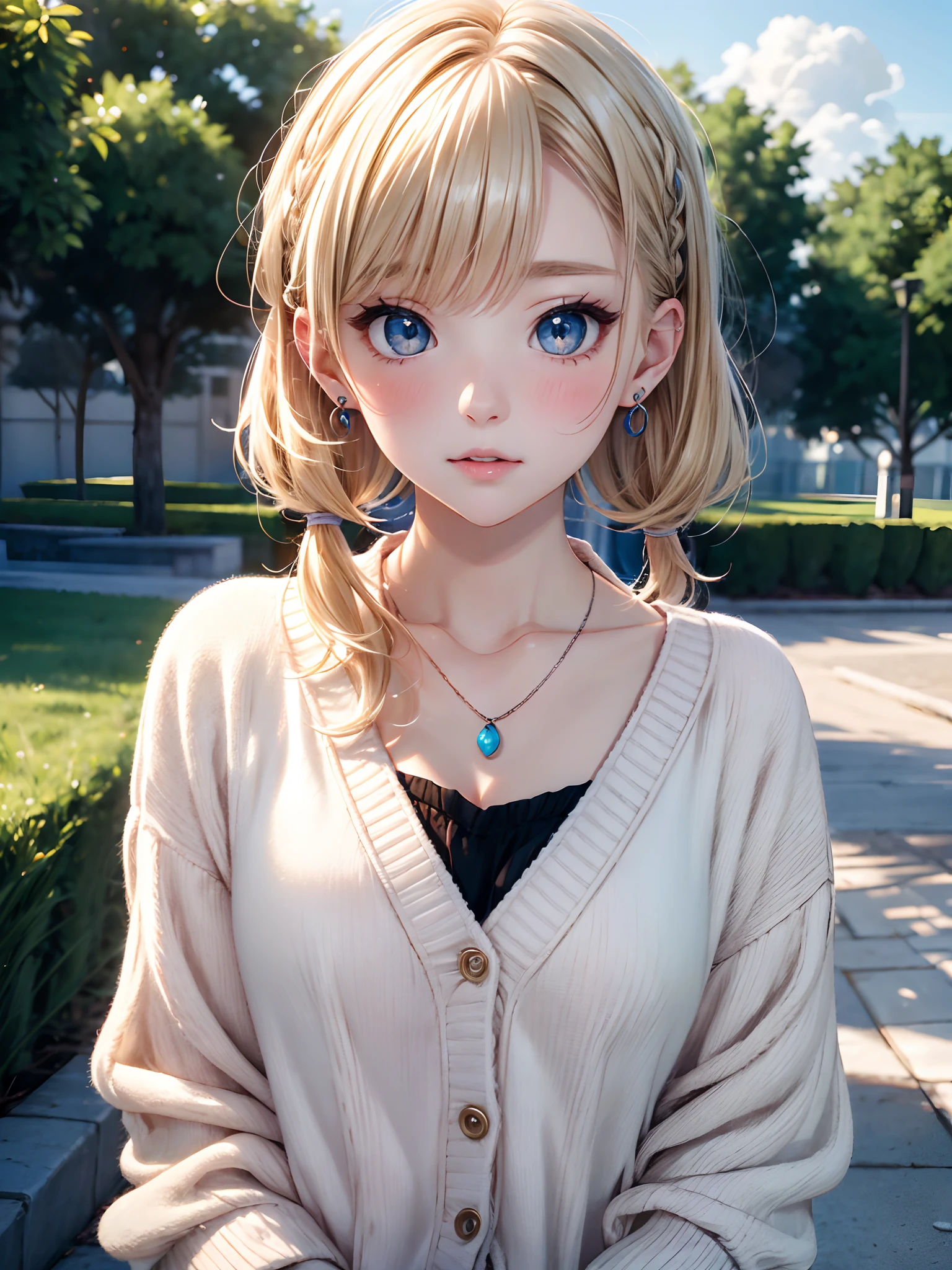 Anime girl with blonde hair and blue eyes posing for a picture - SeaArt AI