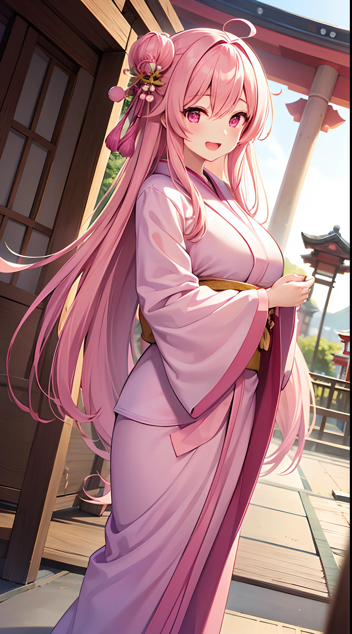 1 girl, game CG, pink kimono, hair ornament, gigantic breasts, pink hair, long hair, straight hair, ahoge, pink eyes, smile, Japanese shrine, dynamic, open mouth,