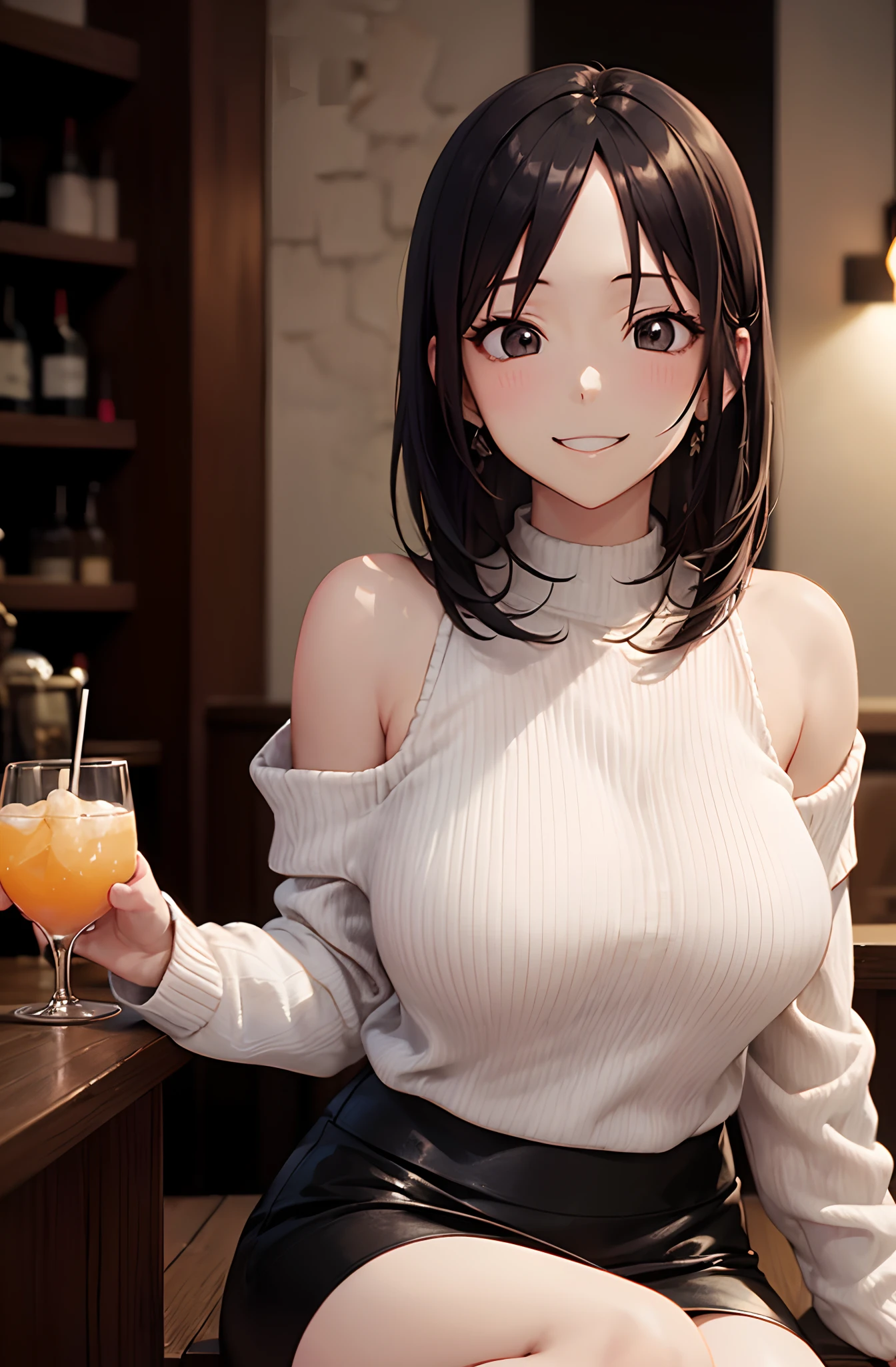 (masutepiece:1.5)、(top-quality:1.5)、(16k wallpaper:1.2)、(Photorealsitic:1.2)、(ultra-detailliert:1.2)、(超A high resolution:1.2)、(2 cool guys and 1 woman:1.2)、(Man rubs woman's chest:1.2)、super-detaild skin、Detailed and clean eyes、Sitting inside a bar at night、drinking cocktail、Natural Color Lip、(White off-shoulder knit:1.2)、Black leather miniskirt and knee-length boots、Semi-long bob hair、large full breasts、Funny smile、Crowd of men、