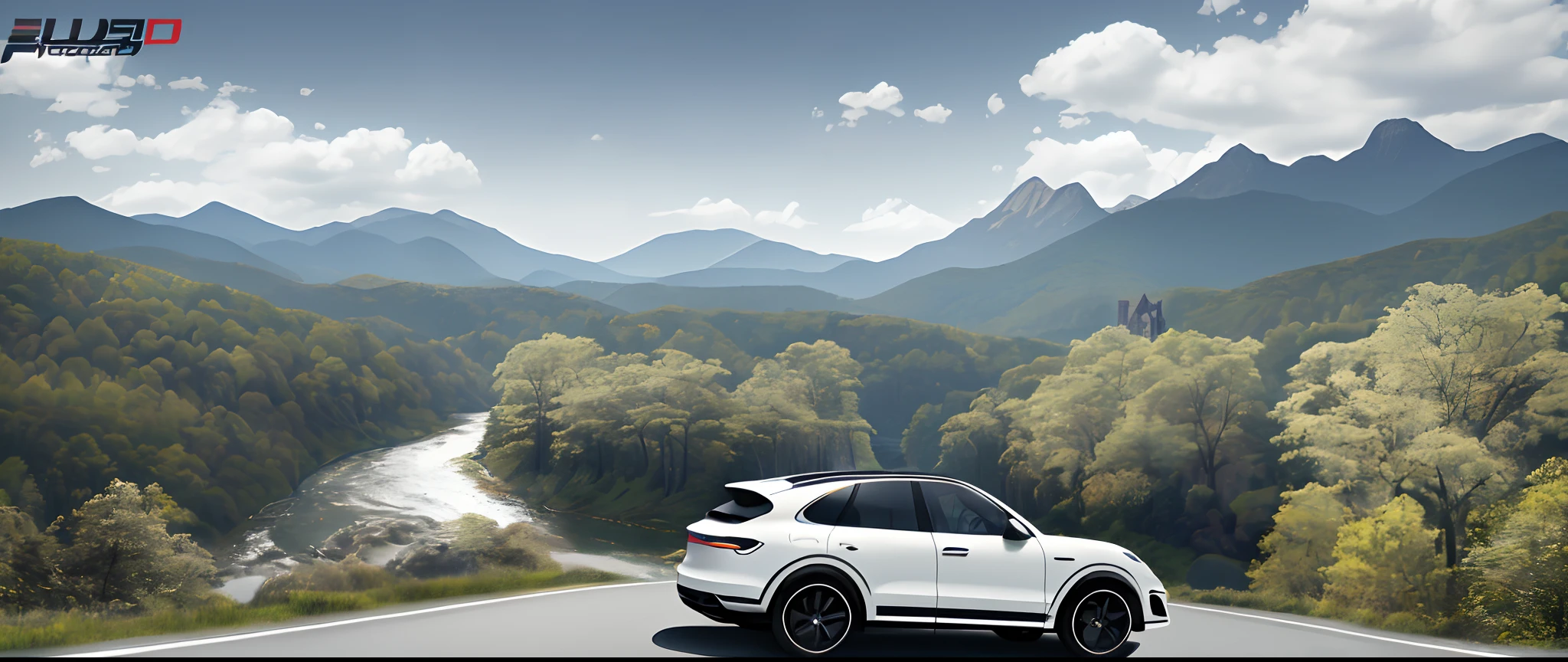 Best quality, painting of a (White 2022 Porsche Cayenne), and Blueridge mountain scene with a river and trees, car centered Masterpiece, 超高分辨率, (photograph realistic:1.4), surrealism, Dream-like,fusionart, Shadowdancer, shadow magic，Dilapidated castle in the background watercolor painting