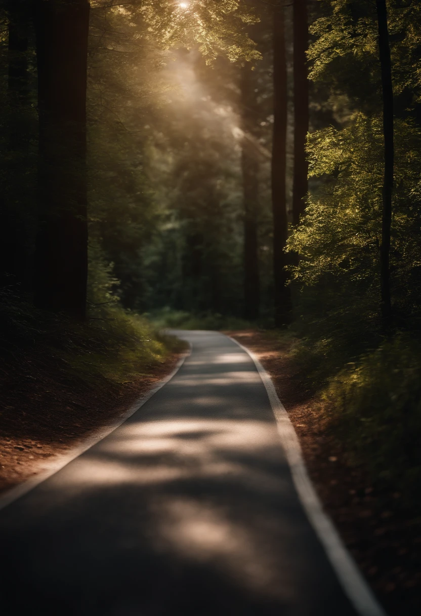 A road winding through a dense forest, with sunlight filtering through the trees, casting beautiful shadows on the pavement.