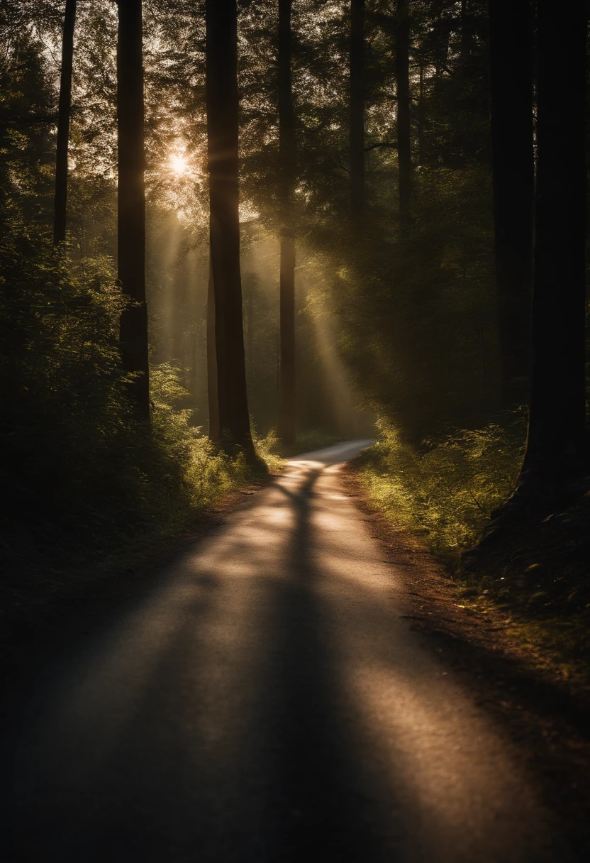 A road winding through a dense forest, with sunlight filtering through the trees, casting beautiful shadows on the pavement.