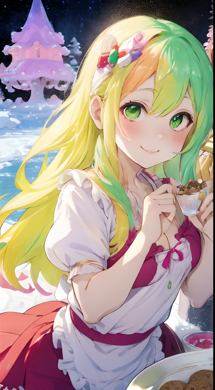 Fairyforest,House of sweets,World of Sweets,Multicolored sweets,Ruffled apron,Luxurious clothes with a wide open chest,Wavy blonde,yellow-green eyes,red tide,Stick your finger in the white liquid,Look up and smile shyly,Whisk,Bowl with white liquid,Multicolored Ice Cookies,Icing cookies,decoration,Cookie Man,AHE Face,SEX,White liquid on the chest,