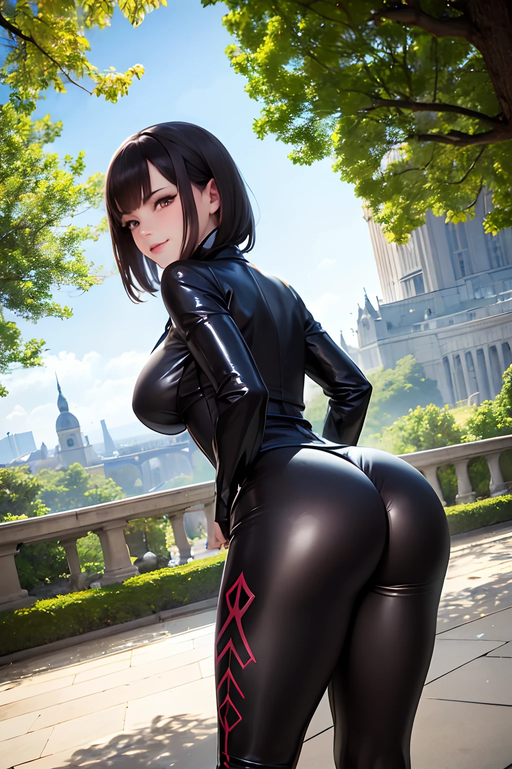 Meisterwerk, (realistisch), high-res, hochdetailliert, kompliziert, Beautiful women, rote Haare, blaue Augen, Sommersprossen, detailliertes Gesicht, latex leggins, from behind, looking at viewer, showing ass, smile, bending over, in park
