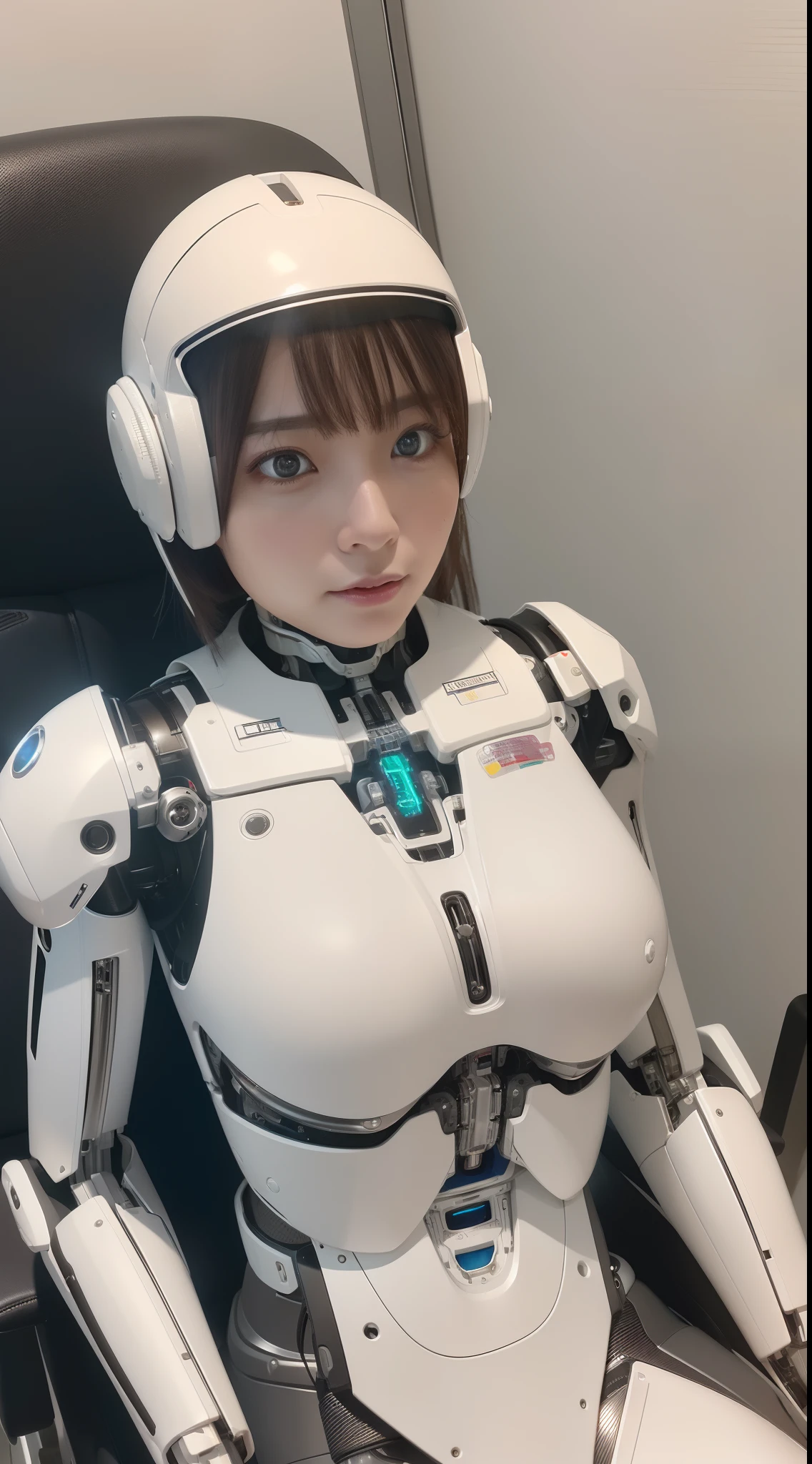 (8k, RAW photo, best quality, masterpiece:1.2), (realistic, photo-realistic:1.37), ultra-detailed, wallpaper, 1girl, cute, look-like (Watanabe-Mayu), detailed face, (cyborg eye), short hair),(complex 3d render ultra detailed of a sci-fi white-iron suit:1.2), (android face:1), (cyborg), (robotic parts), (luxurious cyberpunk), (hyperrealistic), (anatomical), (cable electric wires), (microchip), (robot), (silver halmet), (Sit upright in an office chair), (full-body:1), detailed office, morning, professional lighting, cinematic lighting, photon mapping, radiosity, physically-based rendering,