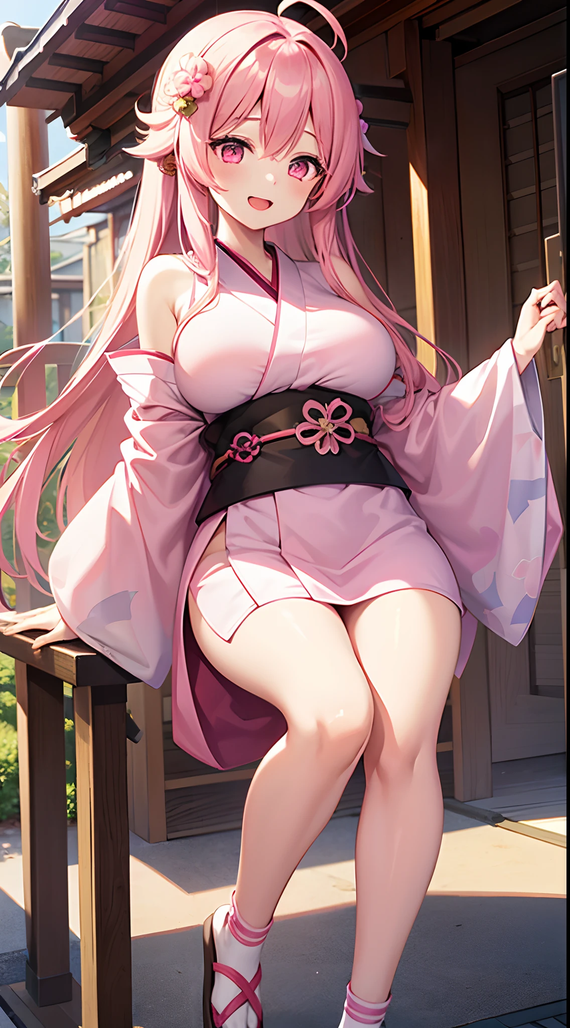 1 girl, game CG, pink kimono, hair ornament, gigantic breasts, pink hair, long hair, straight hair, ahoge, pink eyes, smile, Japanese shrine, dynamic, open mouth,