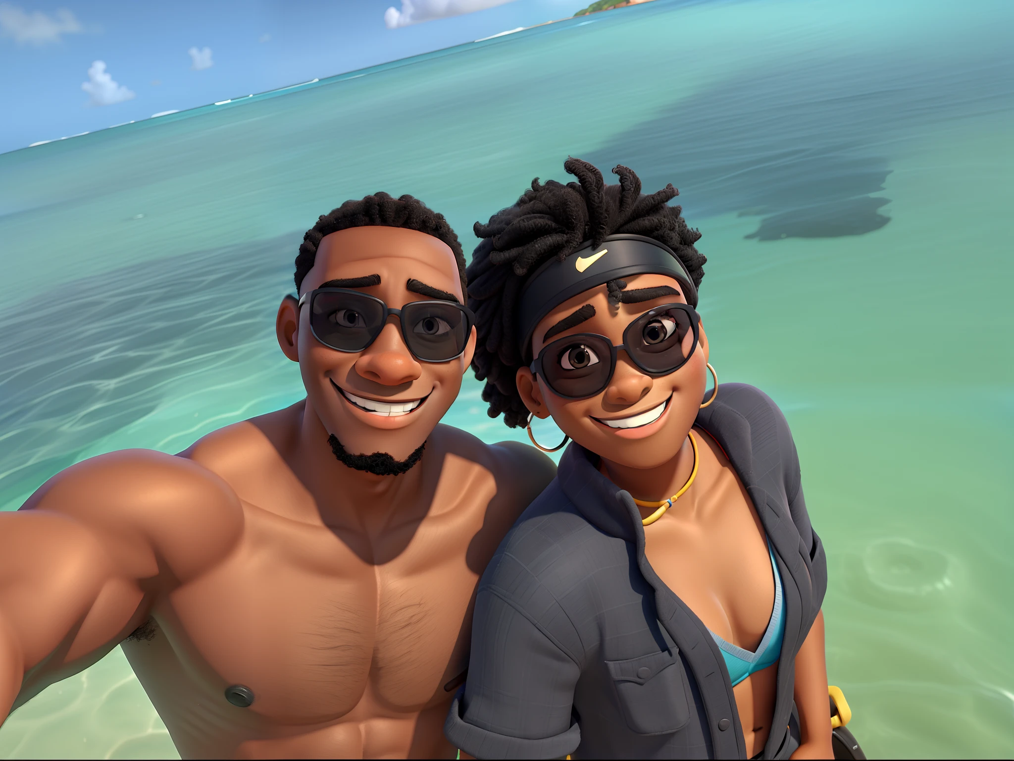 A black man with shirtless sunglasses A black woman with visor and sunglasses in the Caribbean Sea smiling Disney pixar style