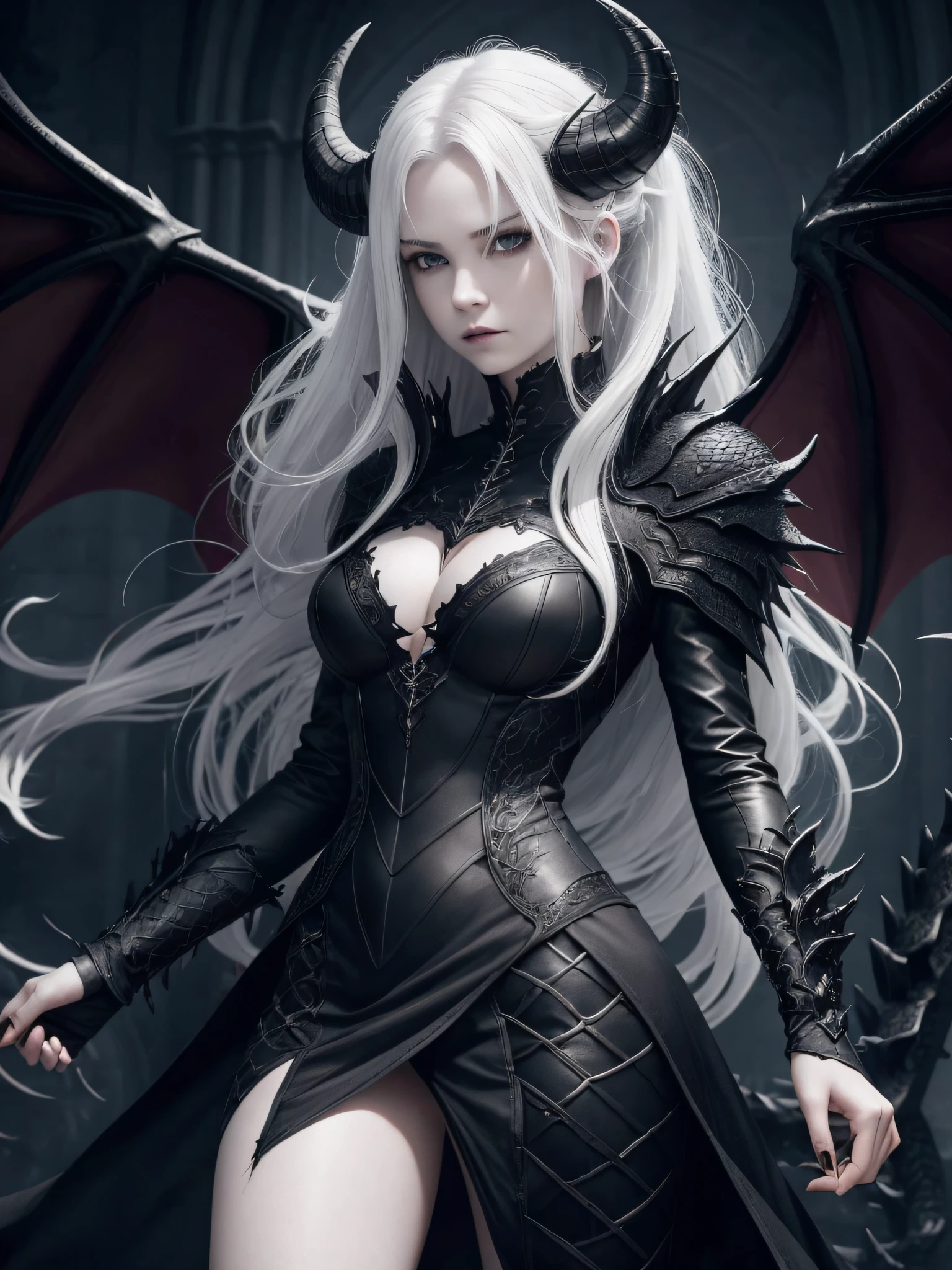 ung women, long messy hair, her hair are white, serious, grey eyes, had big demon horns on her head, had big black dragon wings, high res, high quality, 8k, wearing a black dress, she has a pale skin, action pose, dark fantasty, gothic castle background