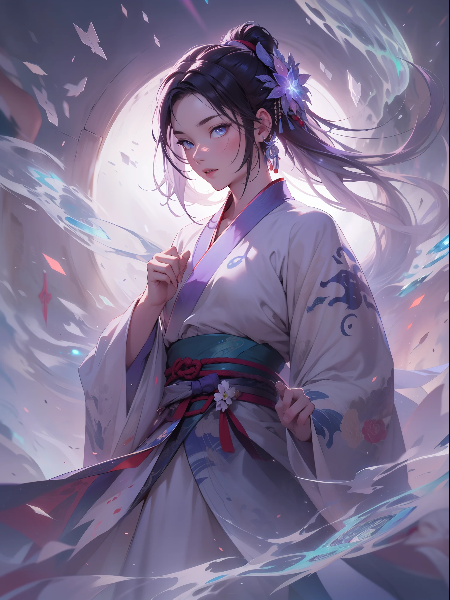 A handsome Chinese girl, sharp eyes, clear facial features, wearing Hanfu, combat posture, martial arts movements, body surrounded by purple mist, runes around, holographic reality, holographic halo, motion blur, game light effects, edge light, soft light, movie edge light, delicate light, masterpiece, super detailed, epic composition, super HD, high quality, highest quality, 32k