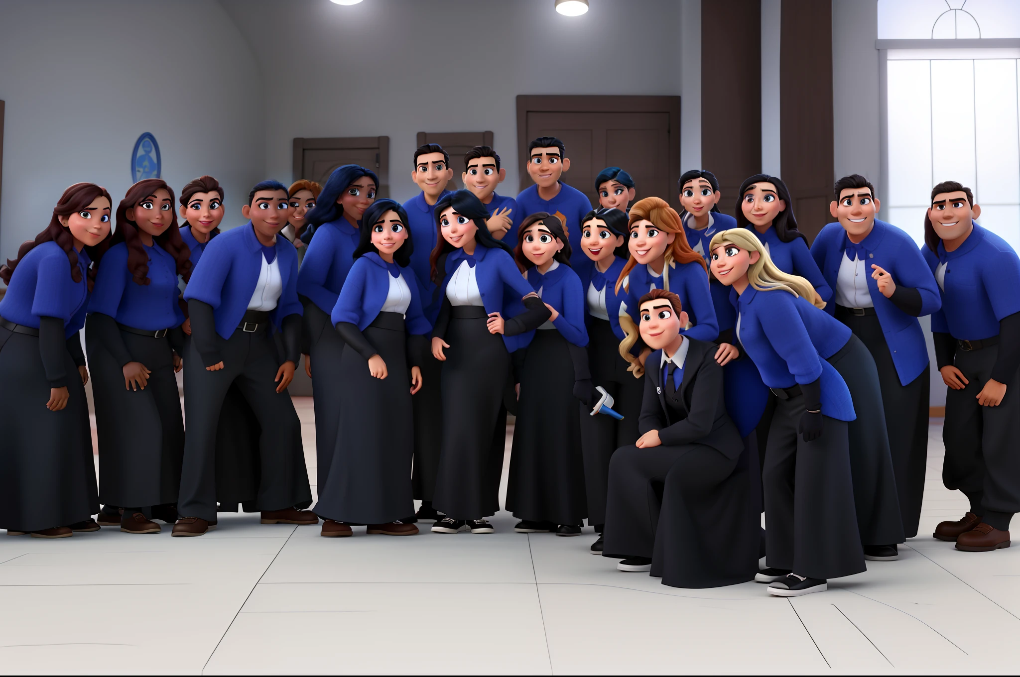 Imagem estilo Disney pixar de formandos com seis homens quatorze mulheres . Todos de beca preta. Alta qualidade, melhor qualidade.
