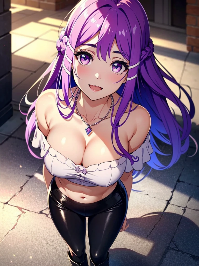 Xia Zitong, breasts, dress, cleavage, 1girl, very long hair, floating hair, open mouth, jewelry, smile, :d, hair ornament, pink dress, necklace, medium breasts, arms behind back, collarbone, braid, lisbeth (sao), purple eyes, off-shoulder dress, upper body, off shoulder, shiny hair, asuna (sao), pink hair, bangs, ribbon, purple hair, shiny, french braid, Beautiful Detailed Eyes, ((Standing, leaning over)), (((crop top dress, Black Leggings, Boots,))) upper body, hallway, perfect lighting, ((shining face, shining body)), seductive look, perfect face, make up, eye shadow, gloss lips ((mature_woman)), ((adult woman)), ((gorgeous)), (iluminated face),(perfect quality), Extremely beautiful, perfect, hour glass body, (masterpiece:1.2), (best quality:1.2), cinematic, perfect skin, perfect lighting, textured skin, detail, beauty, wonder, sharp focus, ultra-detailed, illustration, perfect face, ((gorgeous)), Extremely beautiful, perfect, detailed background, alluring, standing, (detailed background, intricate background:1.1), beautiful, ((Extremely Detailed)), ((Best Quality)), ((Masterpiece)), ((4k))