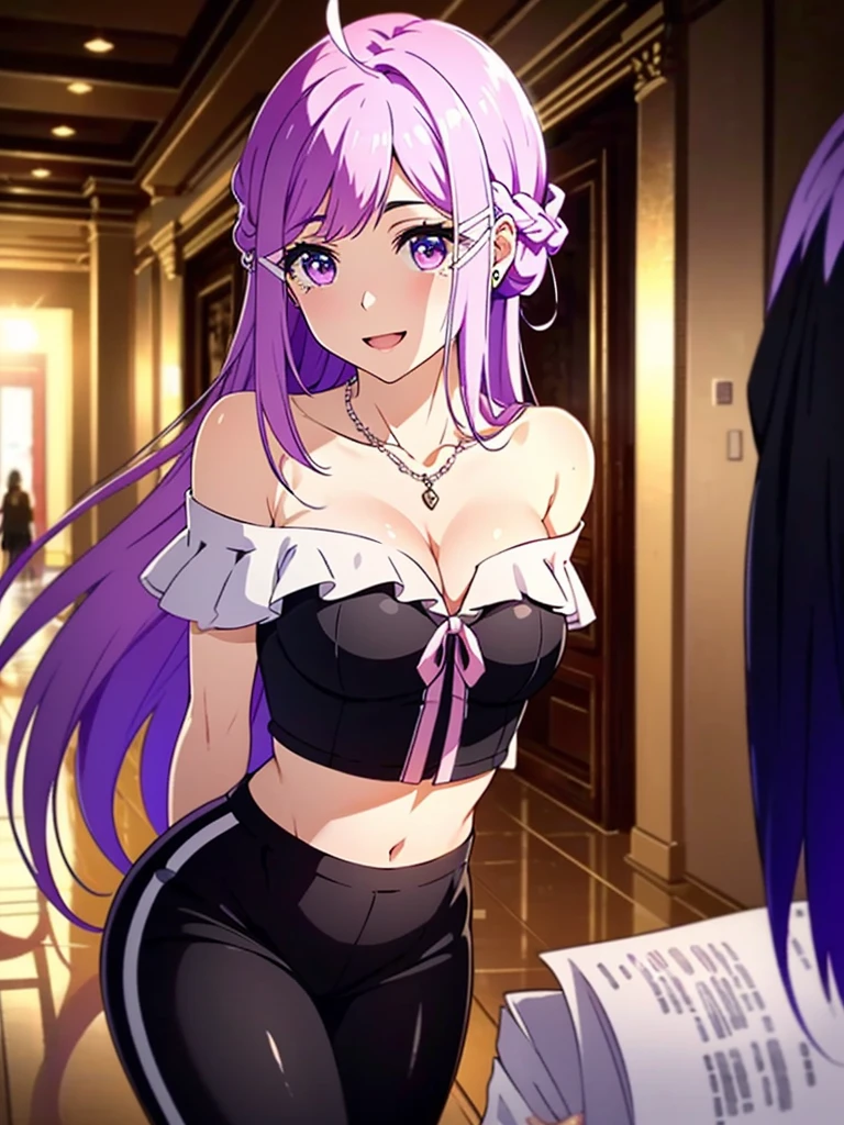 Xia Zitong, breasts, dress, cleavage, 1girl, very long hair, floating hair, open mouth, jewelry, smile, :d, hair ornament, pink dress, necklace, medium breasts, arms behind back, collarbone, braid, lisbeth (sao), purple eyes, off-shoulder dress, upper body, off shoulder, shiny hair, asuna (sao), pink hair, bangs, ribbon, purple hair, shiny, french braid, Beautiful Detailed Eyes, ((Standing, leaning over)), (((crop top dress, Black Leggings, Boots,))) upper body, hallway, perfect lighting, ((shining face, shining body)), seductive look, perfect face, make up, eye shadow, gloss lips ((mature_woman)), ((adult woman)), ((gorgeous)), (iluminated face),(perfect quality), Extremely beautiful, perfect, hour glass body, (masterpiece:1.2), (best quality:1.2), cinematic, perfect skin, perfect lighting, textured skin, detail, beauty, wonder, sharp focus, ultra-detailed, illustration, perfect face, ((gorgeous)), Extremely beautiful, perfect, detailed background, alluring, standing, (detailed background, intricate background:1.1), beautiful, ((Extremely Detailed)), ((Best Quality)), ((Masterpiece)), ((4k))