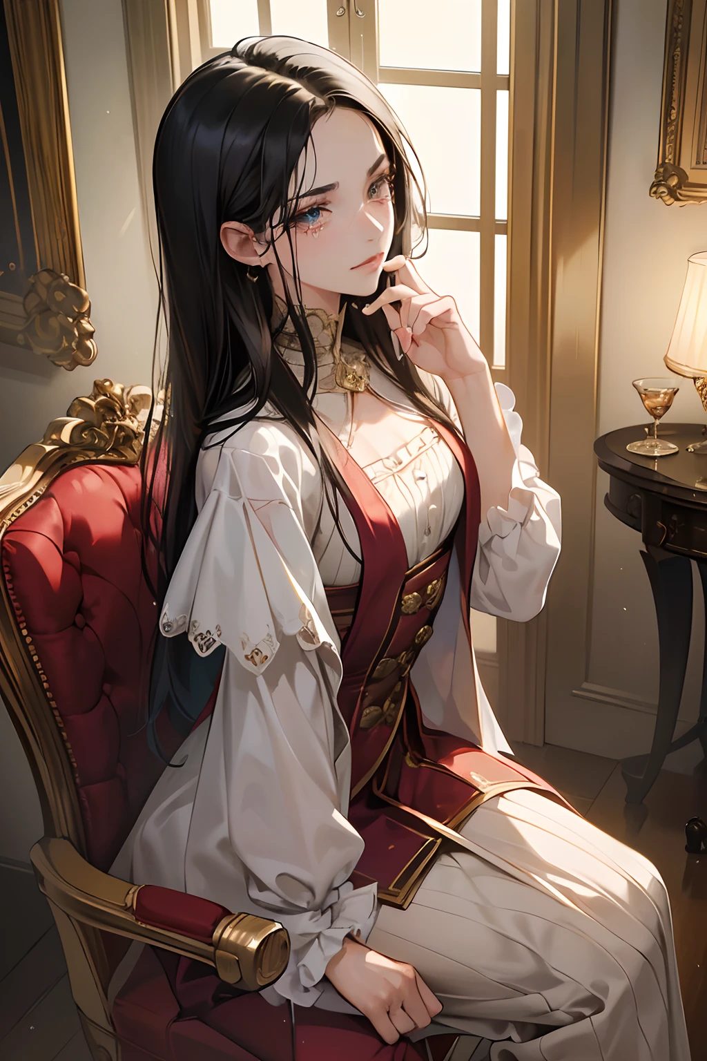 (masutepiece, Digital Art, Digital Illustration, 4K, 8K, Ultra-detailed, beautiful image, Sharp Image, Photorealistic, Raw photo, Perfect face, Perfect lines, Perfect eyes, Soft lighting) 1 woman, (Long Black Hair,straight haired,Bullish gaze,Beautie,ellegance,mannish,Onepiece,Solid makeup,23 y-o woman,small tits:1.3),Two handsome men in suits, (ember,Men in suits,well-muscled,Firm shoulder width,Adult male,Boyish hairstyle,English gentlemanly style,Man in his 30s with a cool expression,28-year-old man with bright smile:1.2),Antique furnishings,Antique Clamps,Antique chair,chandeliers,Crystal Glass,Luxury,fantastical light,Marble fireplace,wine glasses ,champagne,(First failure,heart-broken,Crying face,vexation:1.2),Crying a lot