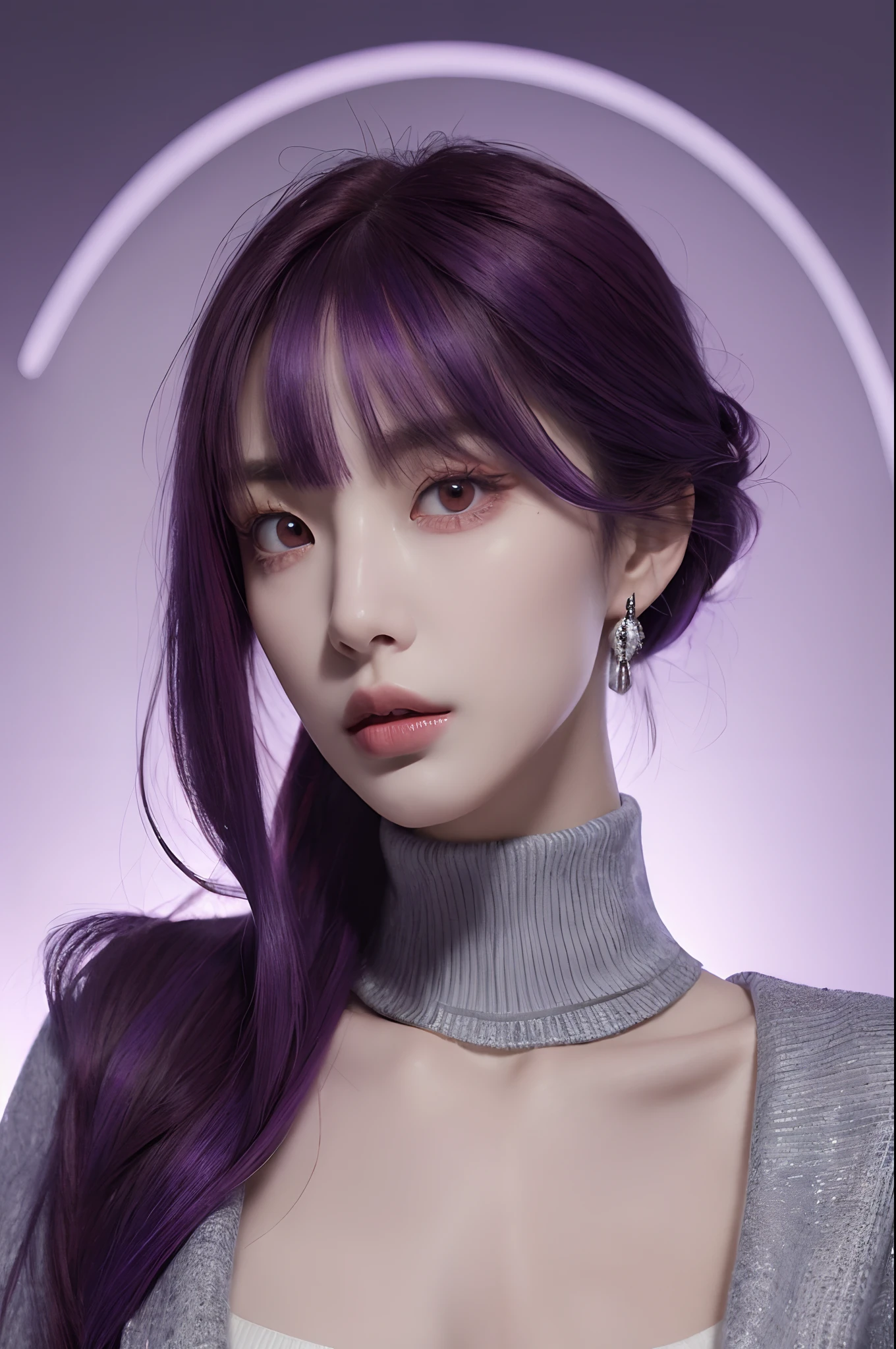 (masterpiece, bestquality, 1girls, bara, intricate detailed, Chromatic aberration), (Realistic),(Skin), ((breath)),(Long Lilac Hair,blunt bangs),detailed hair, Red Head Ornament, Blue Highlights, hair over one eye,purple eyes, earrings, Sharp eyes, choker,((Open Jacket)), Jean,((Plant turtleneck sweater)),open waist,((Symmetrical eyes)),((Perfect symmetrical body)),(pureerosface_v1:0.3), nighttime,(((natural light))),backlighting,with gray walls, dim lighting ,look at viewer,((Center shot, from the front,(Face and waist))),