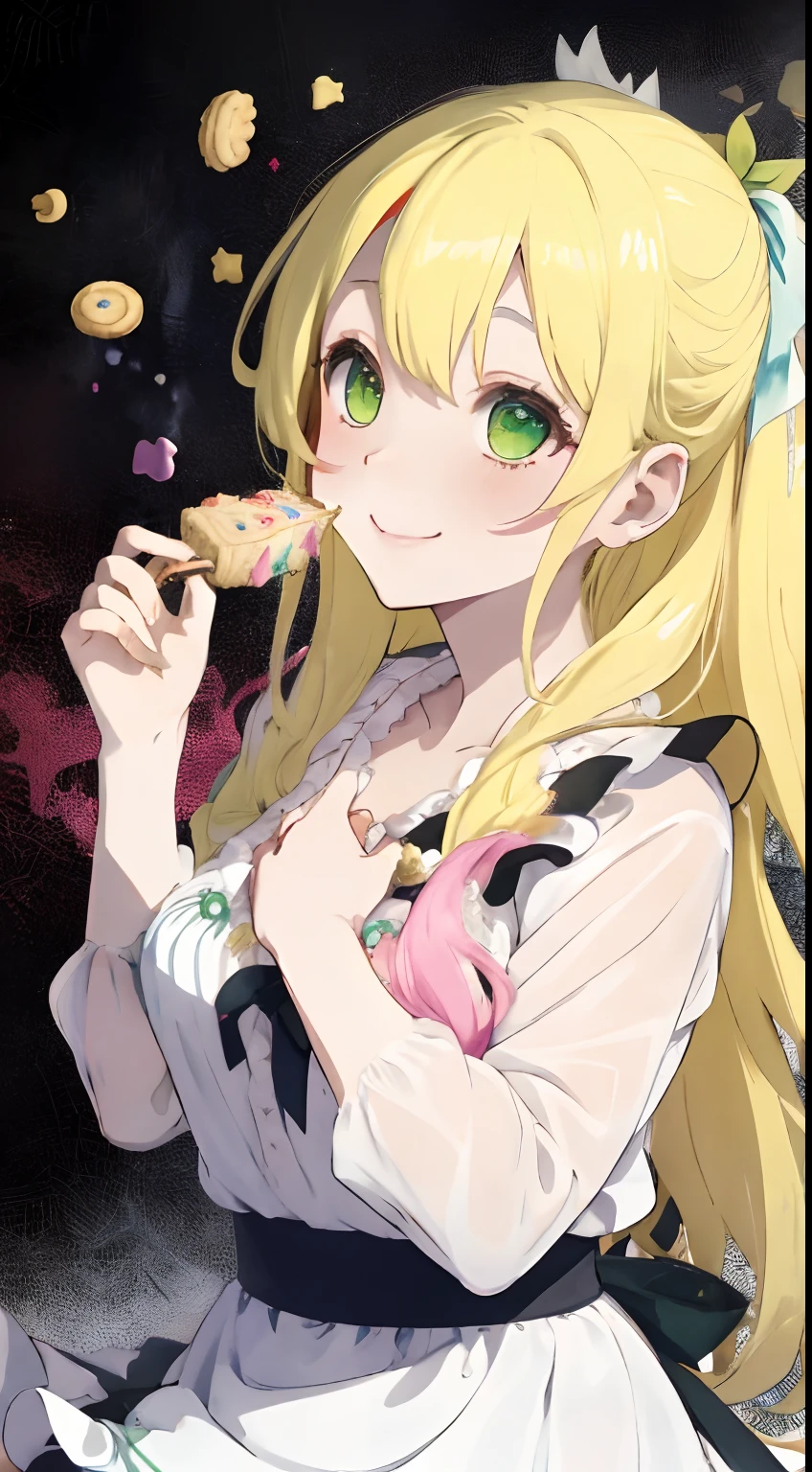 fairy forest,House of sweets,World of Sweets,Multicolored sweets,Ruffled apron,Luxurious clothes with a wide open chest,Wavy blonde,yellow-green eyes,red tide,Stick your finger in the white liquid,Look up and smile shyly,Whisk,Bowl with white liquid,Multicolored Ice Cookies,Icing cookies,decoration,Cookie Man,AHE Face,SEX,White liquid on the chest,