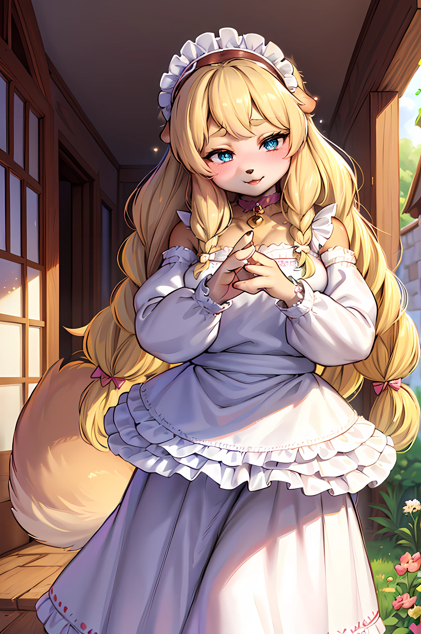 (Furry,Dog girl,Hairy girl in maid costume),(Best quality,A high resolution,Ultra-detailed,Realistic:1.37),Beautiful detailed eyes,beautiful detailed lips,Extremely detailed eyes and face,long eyelasher,with its soft fur,Blonde hair,Natural sunlight,Flower garden,Pastel colors,Peaceful atmosphere,Warm and comfortable environment,Vibrant colors,Playful expression,Gentle smile,Sparkling eyes,Curly hair,Elegant Pose,Cute dog ears,Cute tail,Fluffy skirt,Delicate embroidery,Ruffled lace apron,maid headband,Cute collar,Bunny slippers,Ribbons,Rustic white frills,luxurious fabrics,Petite figure,Clever rendering,Fantastical Atmosphere,Dainty hands+the bow,Small proportions,graceful movements,Innocent charm,whimsical details,mesmerizing backdrop, Dreamy lighting, Artistic composition