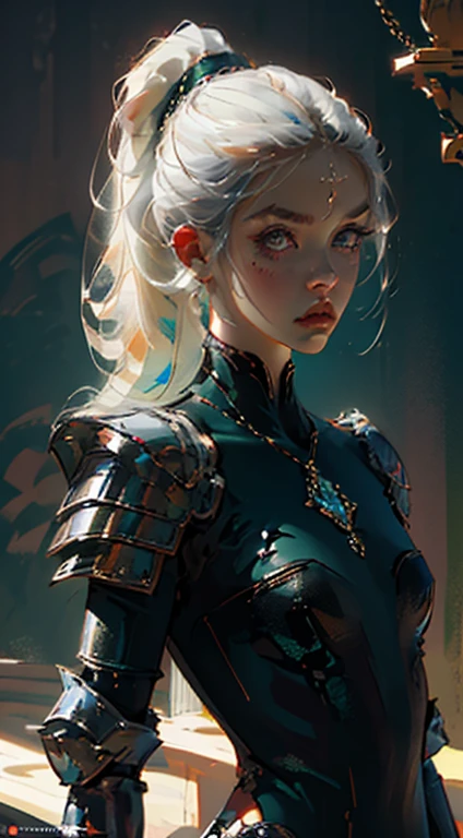 (8k, RAW photo, best quality, masterpiece:1.2), (realistic, photo-realistic:1.4), (extremely detailed CG unity 8k wallpaper), a full body (rogue:1.1) female wearing gold (leather armor:1.3), stiched worn out armor, (insanely detailed:1.5), gold and (white:1.5), Concept art portrait by Greg rutkowski, Artgerm, hyperdetailed intricately detailed gothic art trending on Artstation, fantastical, intricate detail, (small blue highlights:1), (redhead, wavy hair, high ponytail: 1.4)