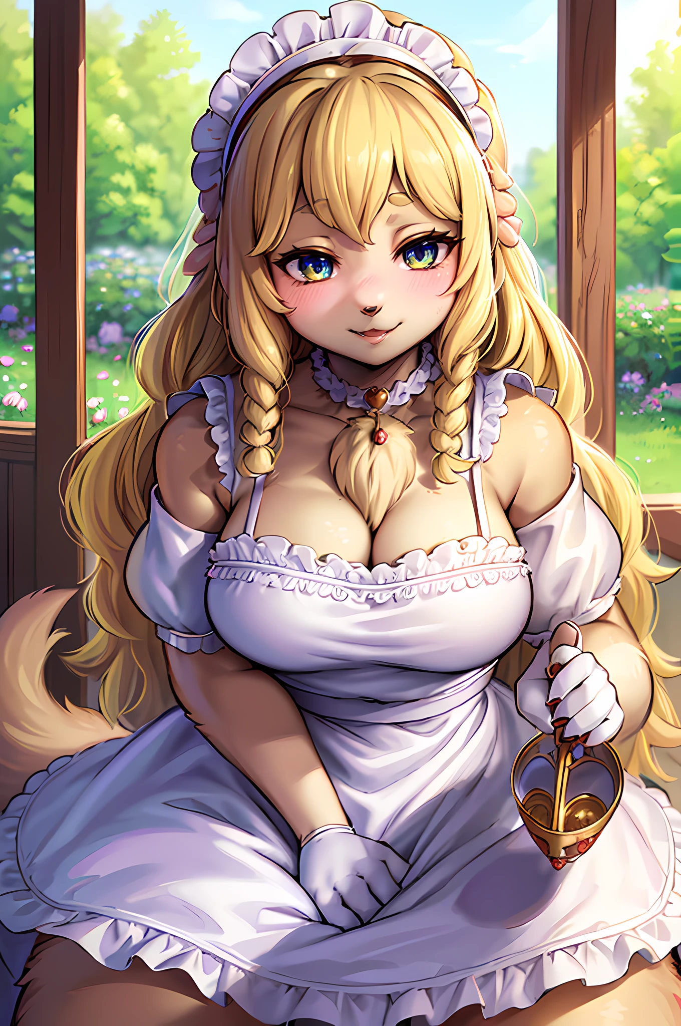 (Furry,Dog girl,Hairy girl in maid costume),(Best quality,A high resolution,Ultra-detailed,Realistic:1.37),Beautiful detailed eyes,beautiful detailed lips,Extremely detailed eyes and face,long eyelasher,with its soft fur,Blonde hair,Natural sunlight,Flower garden,Pastel colors,Peaceful atmosphere,Warm and comfortable environment,Vibrant colors,Playful expression,Gentle smile,Sparkling eyes,Curly hair,Elegant Pose,Cute dog ears,Cute tail,Fluffy skirt,Delicate embroidery,Ruffled lace apron,maid headband,Cute collar,Bunny slippers,Ribbons,Rustic white frills,luxurious fabrics,Petite figure,Clever rendering,Fantastical Atmosphere,