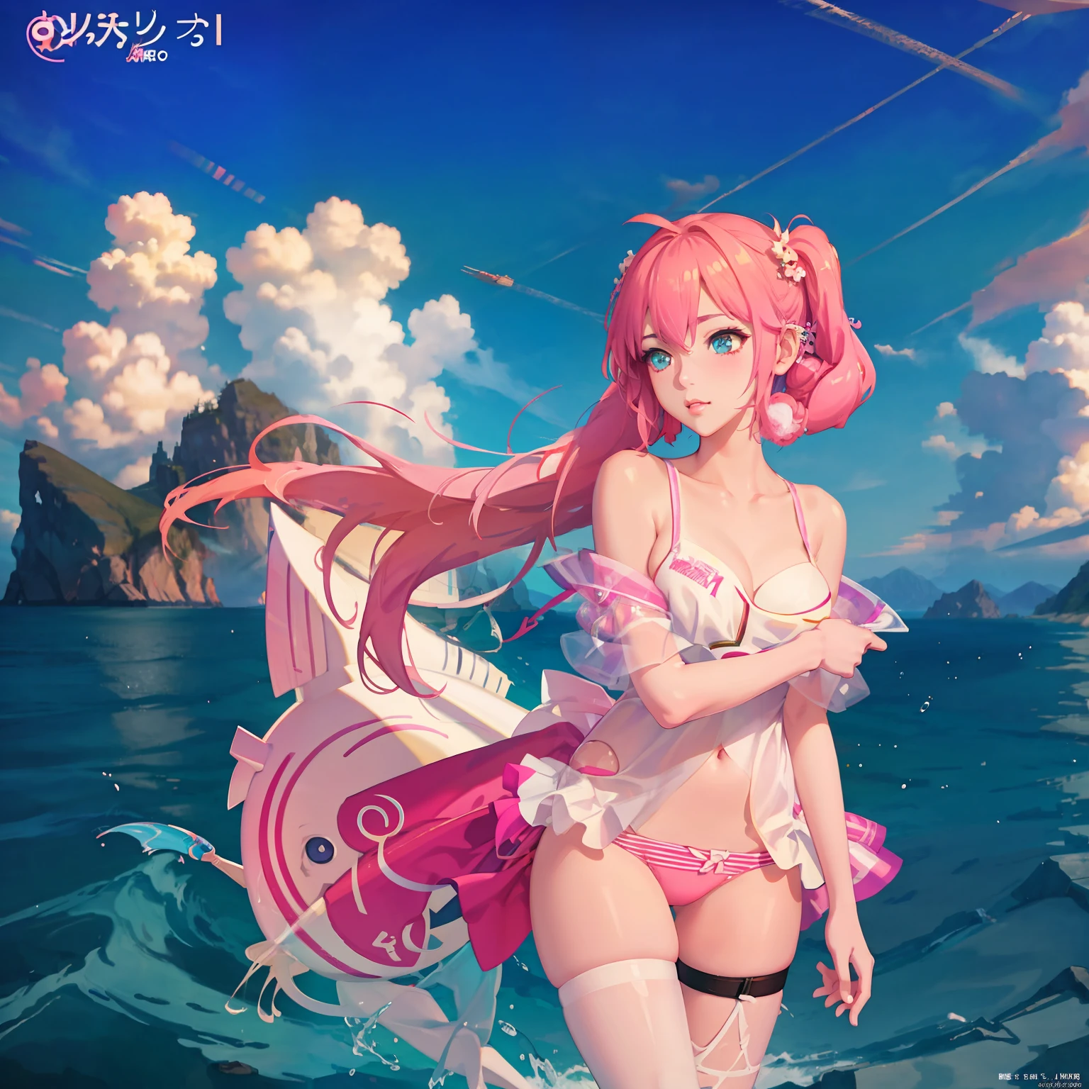 Anime girl in white swimsuit standing on the beach, official artwork, pink twintail hair and cyan eyes, Smooth Anime CG Art, lolish, guweiz on pixiv artstation, Top Rated on pixiv, pixiv, clean detailed anime art, guweiz, anime style 4 k, official anime artwork, Trending in ArtStation pixiv