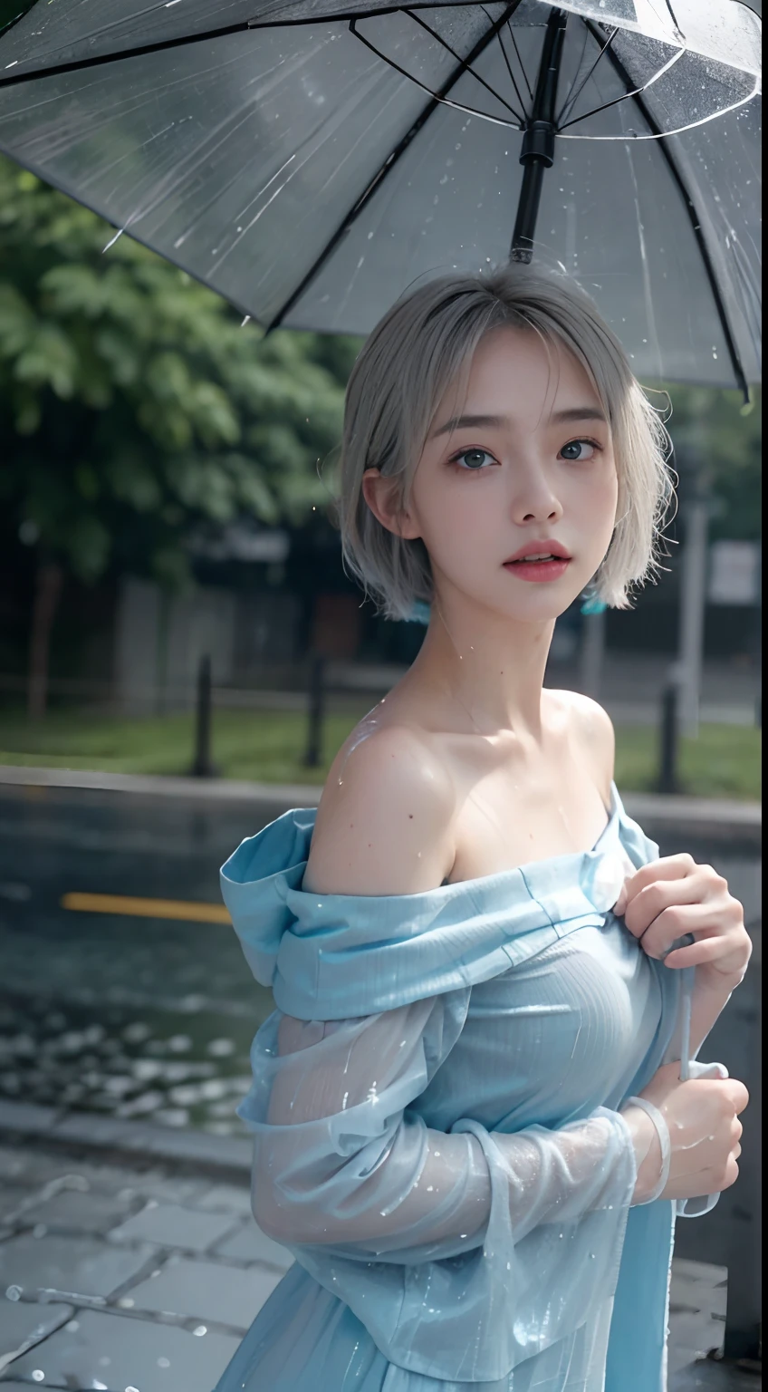 Young Japan woman standing, ((City Street)), ((Fully clothed)), ((Off Shoulder T-Shirt Dress)),((Barefoot)), Short-haired blonde, slim build, two tone color hair, PM, Gray Light, overcast, Detailed background, Dark, busy street, Crowding Street, Cinematic, pessimistic, masutepiece, Best Quality, Raw photo, Up-close, zoomed, Photorealistic, ((view the viewer)), Embrace yourself, translucent, Dripping wet, beautiful realistic photo, Surreal fantasy photography, close up, Tight frame, 8K, ultra-detailliert, Detailed skin, Blue eyes, Dark skin, ((Drenched)), ((soaked)), (Dripping water), Flabby clothes, Wet Street, wet all over, wet dripping hair, angle of view, (posed for photo) Portrait, close-up, bottom angle, myst, ((Heavy rain)), ((Hazy rain)), rain drops on face, Wet face, Shallow depth of field