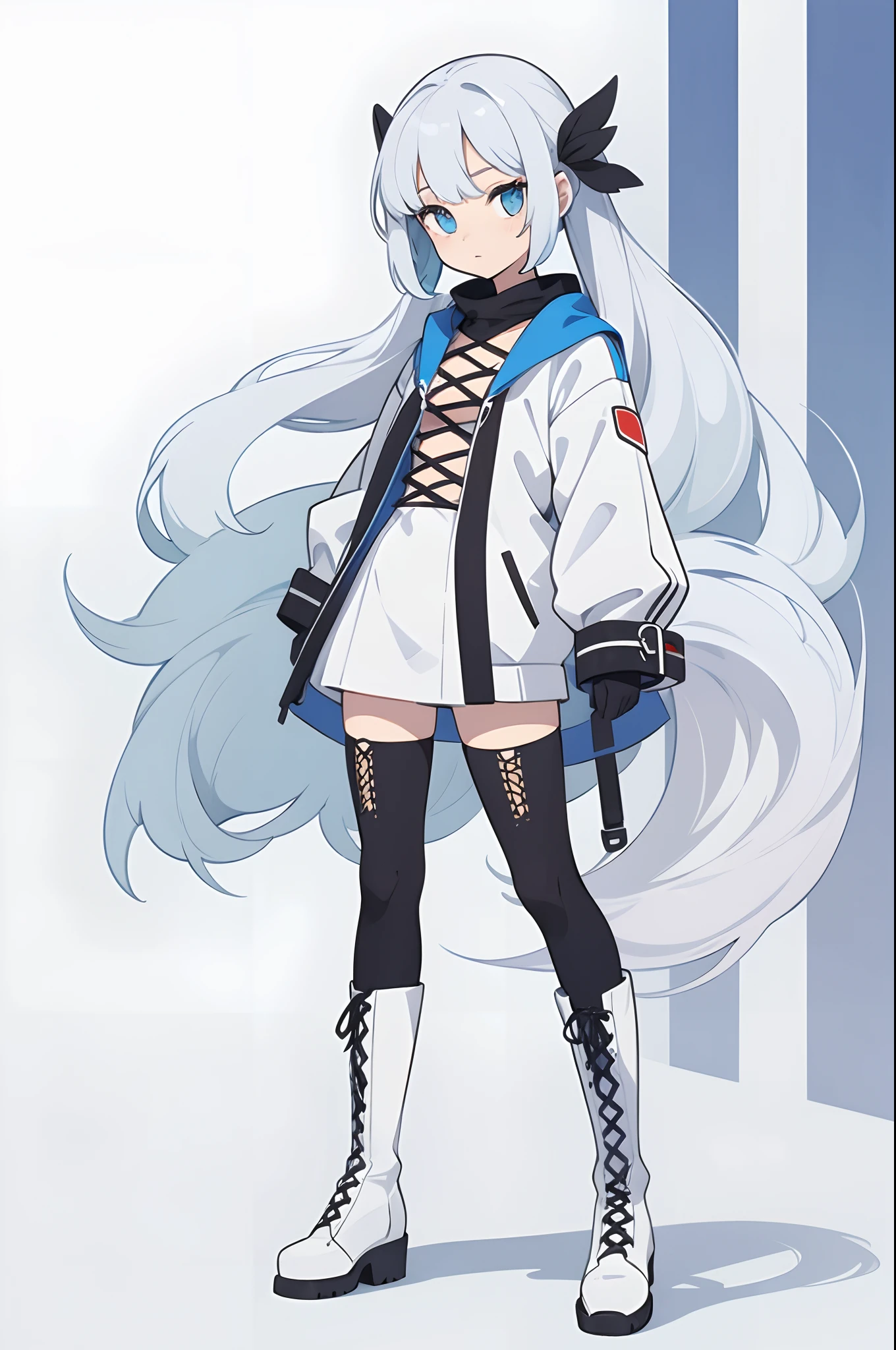 flat design, material design, deformed pop art, Adobe Illustrator, anime character, one girl, full shot, , (white lace-up boots), colorful asymmetric fashion, silver twin curl tail.