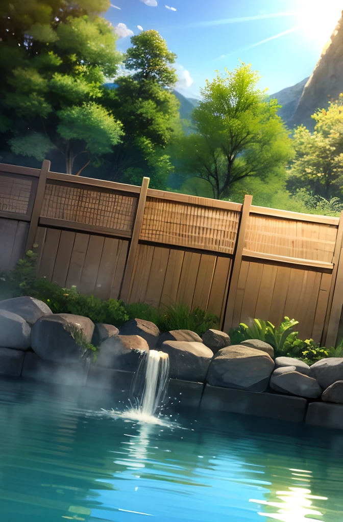 japanese onsen , hot spring, no character,ultra detail,sunny, clear sky, steam