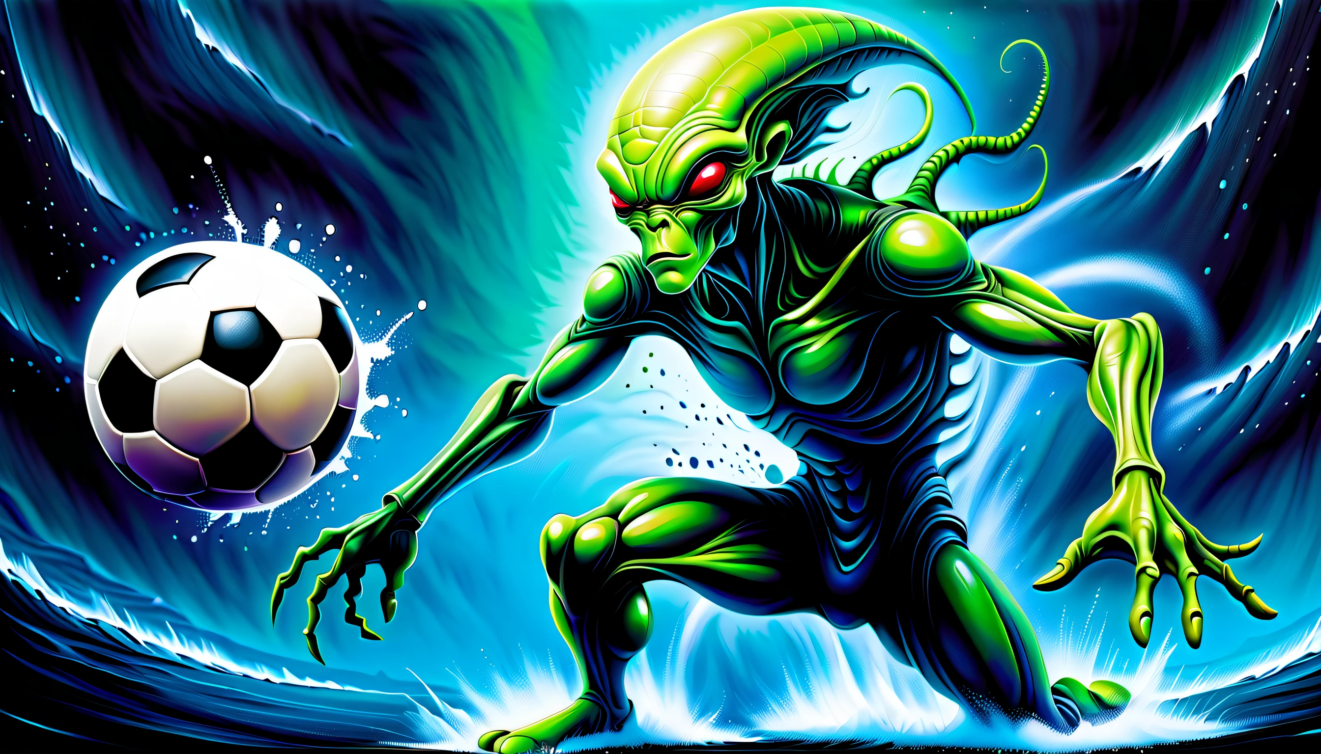 (((dark fantasy style:1.3))), (((play soccer with powerful alien detail:1.3))), alternative soccer goal details, power wish, horror wish, terror wish, awe wish, blending seamlessly into the deep sea background, sense of energy and vibrancy, fountain-pen and gel masterpiece, intricate details and flawless quality, ultimate in quality and resolution, high contrast sophistication masterpiece, stunningly detailed paintwork, breathtaking beauty, amazed incredible realism, realistic expertly crafted, intricate details and flawless quality, true work of art, ultimate in quality and resolution, high contrast sophistication masterpiece, (stunningly detailed paintwork:1.3), ((delicate intricate paint strokes:1.2)), ultra-realistic detail, (((depth and dimension to this masterpiece:1.3))), (((stunning extremely insane detail:1.3))), (((masterful brushstrokes:1.3))),