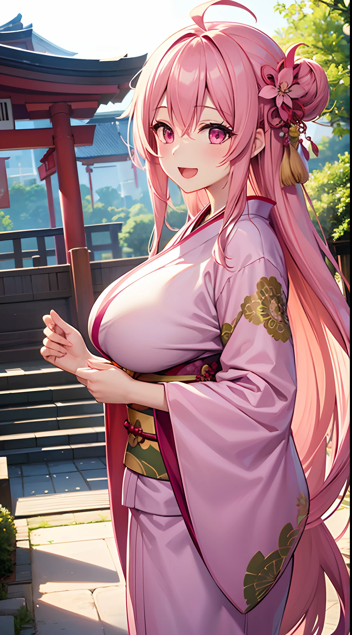 NSFW, 1girl solo long_hair, Sakura hair color twintails, wearing white kimono, wearing a pleated white very short miniskirt, very huge breasts, wearing Micro bikini with white and blue side-stripes underwaer, Ecstatic smile, very out one&#39;s crotch, opens the chest of clothes, wearing a miniskirt that is so short that her pleated white panties are visible, wearing white over-the-knee socks, She her lifts up skirt and draws attention to her panties,