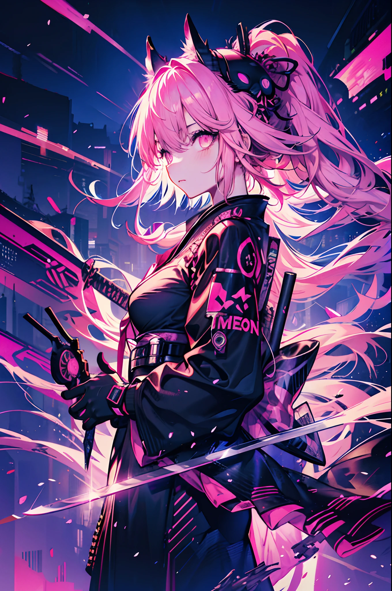 "Cyberpunk samurai cat girl with neon eyes at night in Tokyo city, Close-up shot shots, Carrying a sword on his back, Infused with bright pink style."