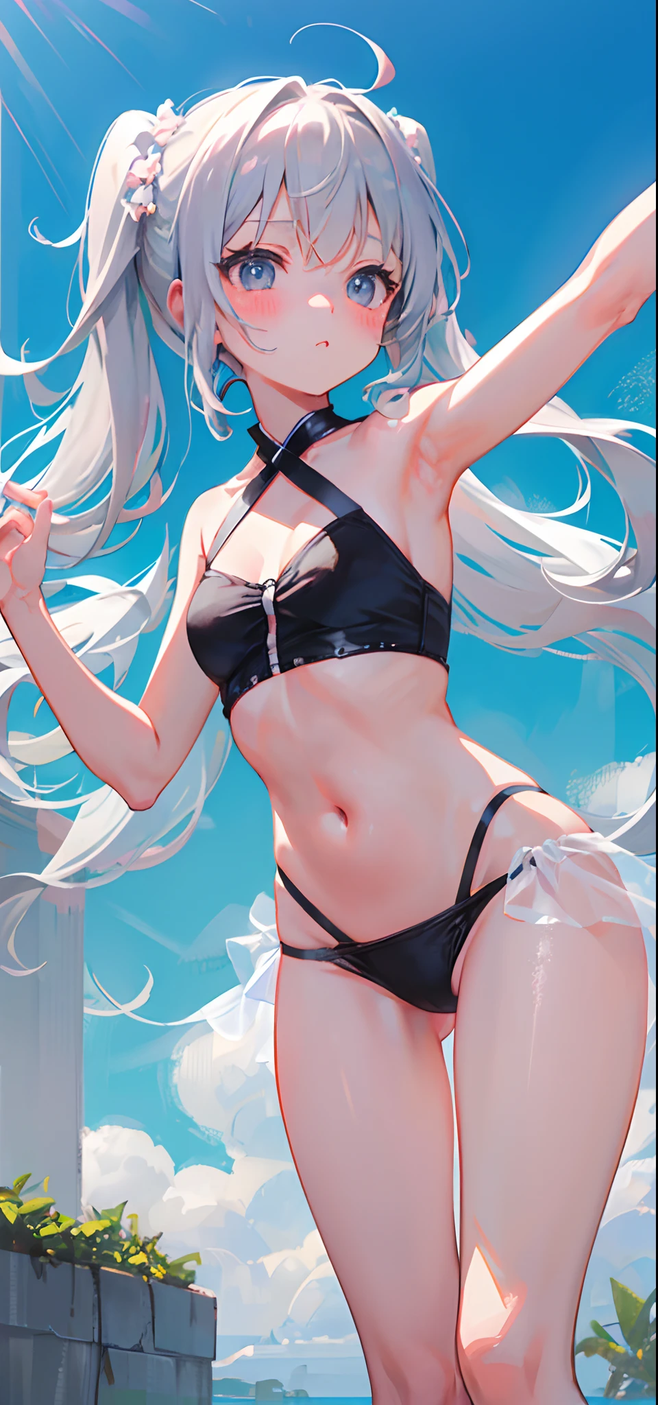 Hair stripes pink summer room wearing gray hair all over small armpits show girl future thighs cute child type masterpiece plainclothes anime,Blush,Breasts develop well,The genitals are lovely, without clothes