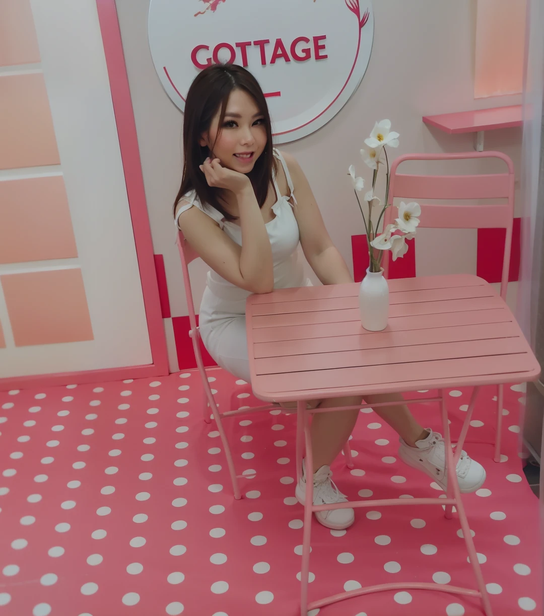 There was a woman sitting at a table with a vase of flowers., Cottagecore!! Body Fitness, Cottagecore!!, ruan cute vtuber, Cottage Core, Cottagecore, hut, Sit at a table, katelynn mini cute style, leaked image, trending at cgstation, in white room, On the white table