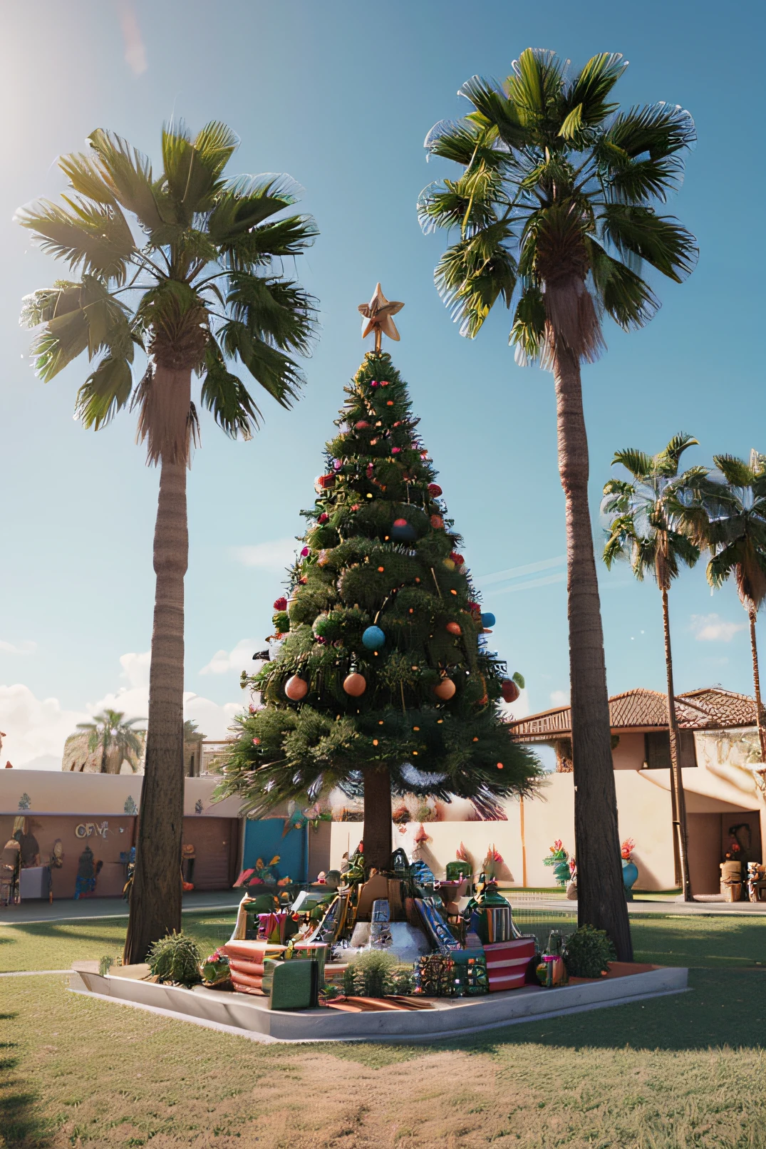 Create a hyper-realistic Christmas tree with lots of props and the name Santana Palm Family in 3D with Disney pixar style