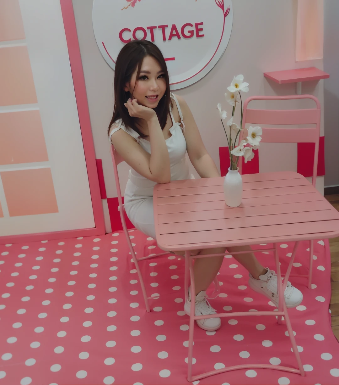 There was a woman sitting at a table with a vase of flowers., Cottagecore!! Body Fitness, Cottagecore!!, ruan cute vtuber, Cottage Core, Cottagecore, hut, Sit at a table, katelynn mini cute style, leaked image, trending at cgstation, in white room, On the white table