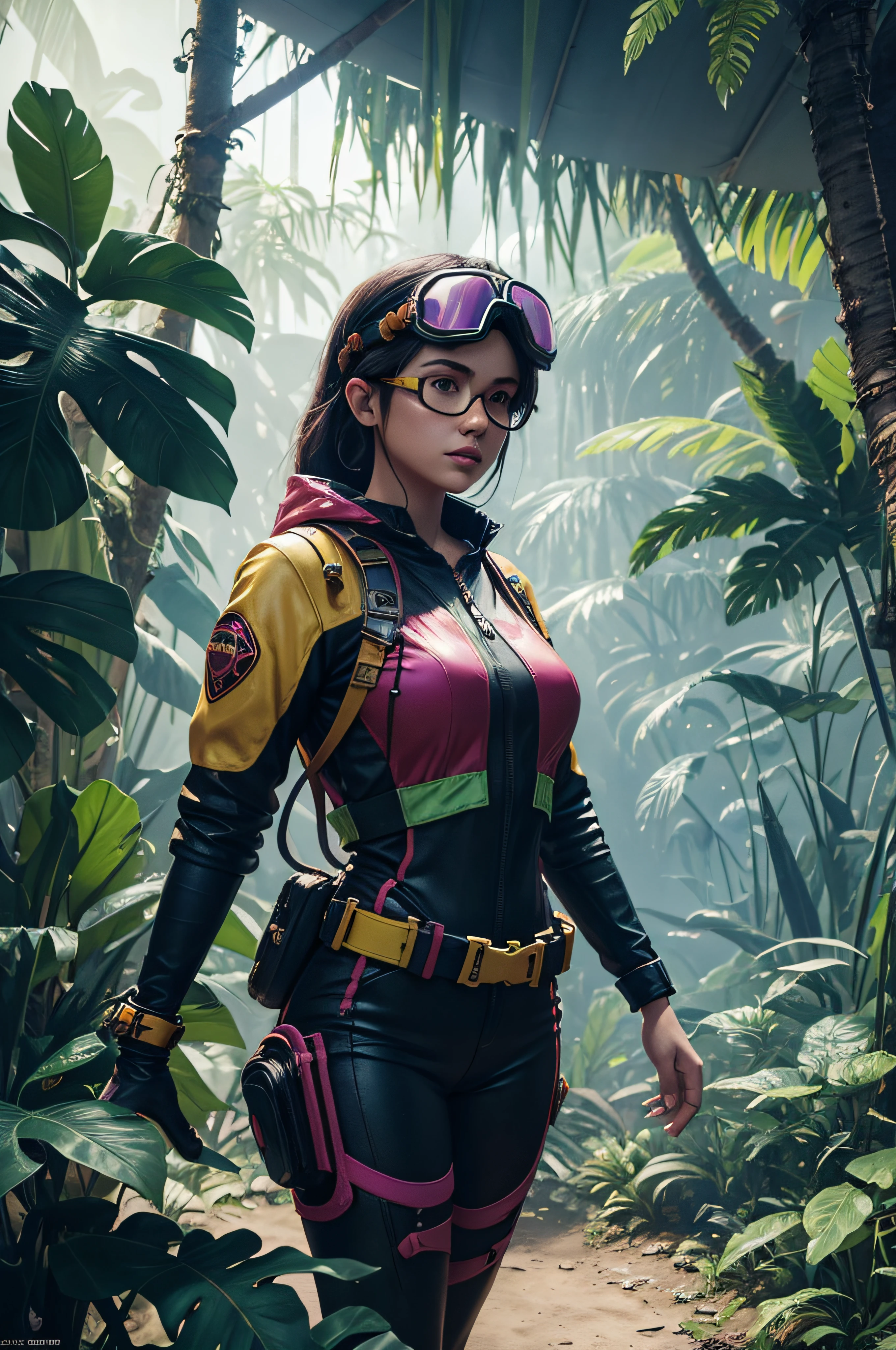 a woman in a colorful outfit and goggles stands in a jungle, adventure hyper realistic render, fantasy style 64k octane render, unreal engine. retro film still, ps5 cinematic screen capture, in game style 64k, (octane render) fantasy style, cinematic beeple, style hybrid mix of beeple