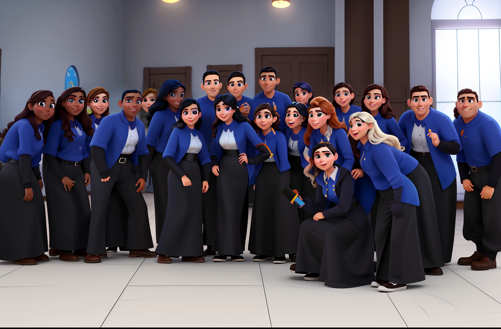 Imagem estilo Disney pixar de formandos com seis homens quatorze mulheres . Todos de beca preta. com olhos perfeitos. Alta qualidade, melhor qualidade.