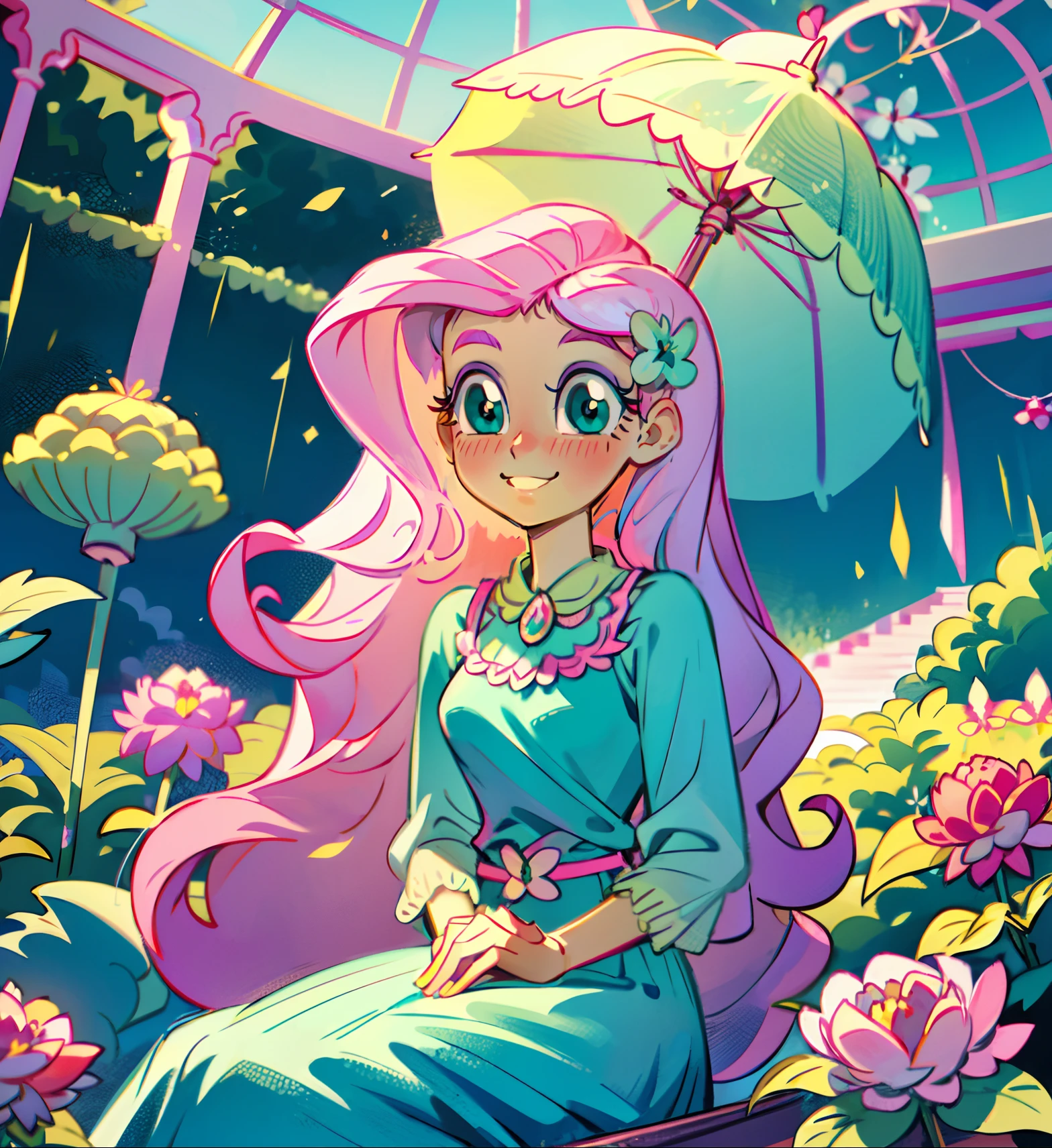 Fluttershy, fluttershy from my little pony, fluttershy in the form of a girl, lush breast, pink long wavy hair, soft smile, flowers, butterflies, (top quality, masterpiece, ultra-realistic), rainy day, raining, indoor in a green botanical garden, dome, lots of flowers, dense mass plants, the background landscape is a garden with petals, Dahlia peony flowers everywhere, turquoise eyes, turquoise eyeshadow, green dress, butterfly hair clip, detailed lighting, sunlight, yellow pure light, sitting, heavenly plants, hanging flower pots, pink and green flowers everywhere, flower crown, green glass dome, extremely long hair, (light yellow skin 1.5), yellow pony ears, golden lighting