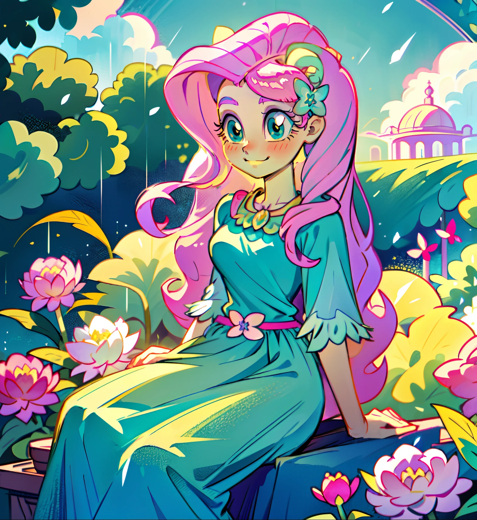 Fluttershy, fluttershy from my little pony, fluttershy in the form of a girl, lush breast, pink long wavy hair, soft smile, flowers, butterflies, (top quality, masterpiece, ultra-realistic), rainy day, raining, indoor in a green botanical garden, dome, lots of flowers, dense mass plants, the background landscape is a garden with petals, Dahlia peony flowers everywhere, turquoise eyes, turquoise eyeshadow, green dress, butterfly hair clip, detailed lighting, sunlight, yellow pure light, sitting, heavenly plants, hanging flower pots, pink and green flowers everywhere, flower crown, green glass dome, extremely long hair, (light yellow skin 1.5), yellow pony ears, golden lighting