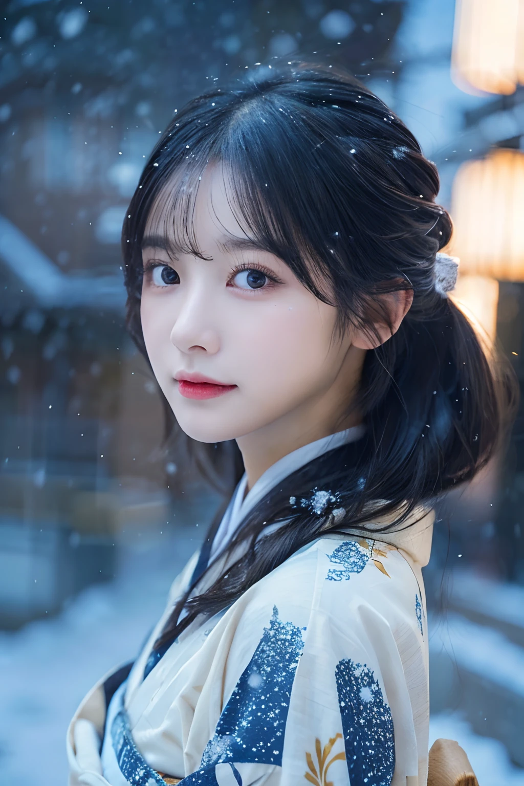 (Kimono)、(top-quality,masterpiece:1.3,超A high resolution,),(ultra-detailliert,Caustics),(Photorealsitic:1.4,RAW shooting,)Ultra-realistic capture,A highly detailed,high-definition16Kfor human skin、 Skin texture is natural、、The skin looks healthy with an even tone、 Use natural light and color,One Woman,japanes,,kawaii,A dark-haired,Middle hair,(depth of fields、chromatic abberation、、Wide range of lighting、Natural Shading、)、(Exterior light at night:1.3)、(Falling snow:1.2)、(Hair swaying in the wind:1.2)、(Light reflecting snow:1.2)