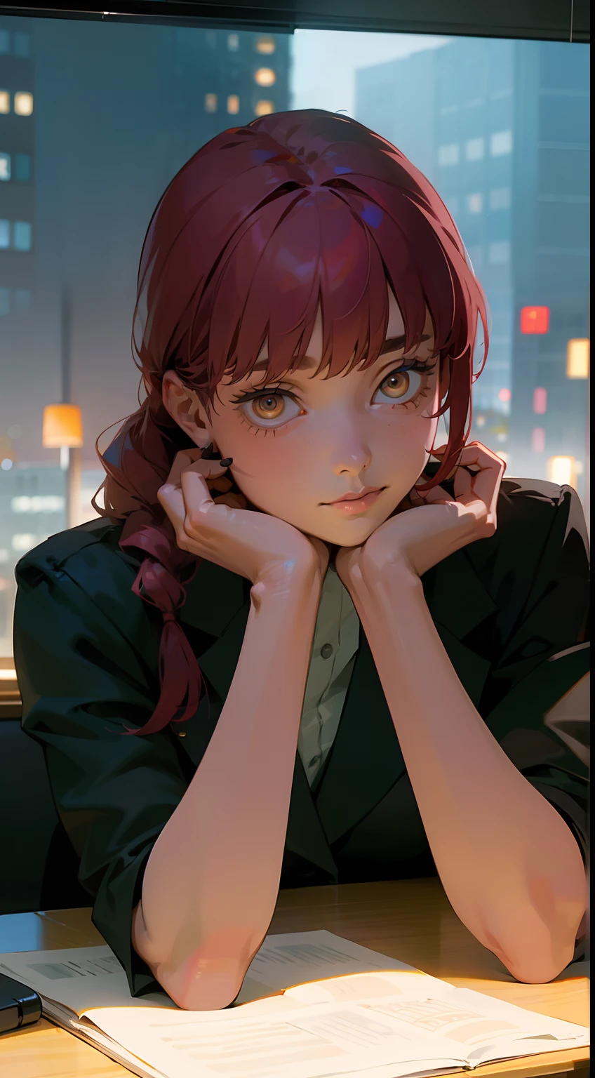 (best quality,realistic:1.37),ultra-detailed,professional,portrait,sharp focus,physically-based rendering,studio lighting,vivid colors,bokeh,photorealistic,photography,red theme,lighting effects, Makima from Chainsaw Man anime, detailed facial features,beautiful eyes,expressive look,rosy cheeks,dark makeup,long nails,classy appearance,happy expression,focused gaze,mellow,confident pose,modern office scene,high-rise city view,glass windows,city lights,computer monitors and keyboards,office desk with papers,phone on the desk,books and folders neatly arranged,professional attire,well-fitted blazer,button-up shirt,pencil skirt,high-heeled shoes,stylish accessories,wristwatch,handbag,sleek hairstyle,polished appearance.