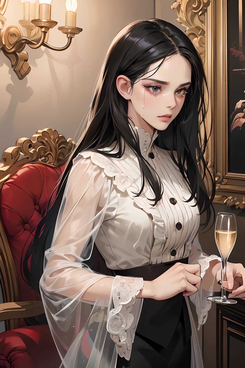 (masutepiece, Digital Art, Digital Illustration, 4K, 8K, Ultra-detailed, beautiful image, Sharp Image, Photorealistic, Raw photo, Perfect face, Perfect lines, Perfect eyes, Soft lighting) 1 woman, (Long Black Hair,straight haired,Bullish gaze,Beautie,ellegance,mannish,Onepiece,Solid makeup,23 y-o woman,small tits:1.3),Two handsome men in suits, (ember,Men in suits,well-muscled,Firm shoulder width,Adult male,Boyish hairstyle,English gentlemanly style,Man in his 30s with a cool expression,28-year-old man with bright smile:1.2),Antique furnishings,Antique Clamps,Antique chair,chandeliers,Crystal Glass,Luxury,fantastical light,Marble fireplace,wine glasses ,champagne,(First failure,heart-broken,Crying face,vexation:1.2),Crying a lot