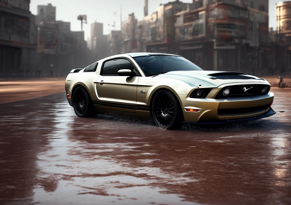 a car parked on a wet surface, fantastic realism, mustang car ( detailed skin tone) in black , Artstation contest winner, fantasy art, cyberpunk dark fantasy, cinematic body shot,as seen on artstation, octane rendered,hyperdetailed, hyperreal,deviantart artstation cgscosiety, realistic fantasy render, dark fantasy mixed with realism.