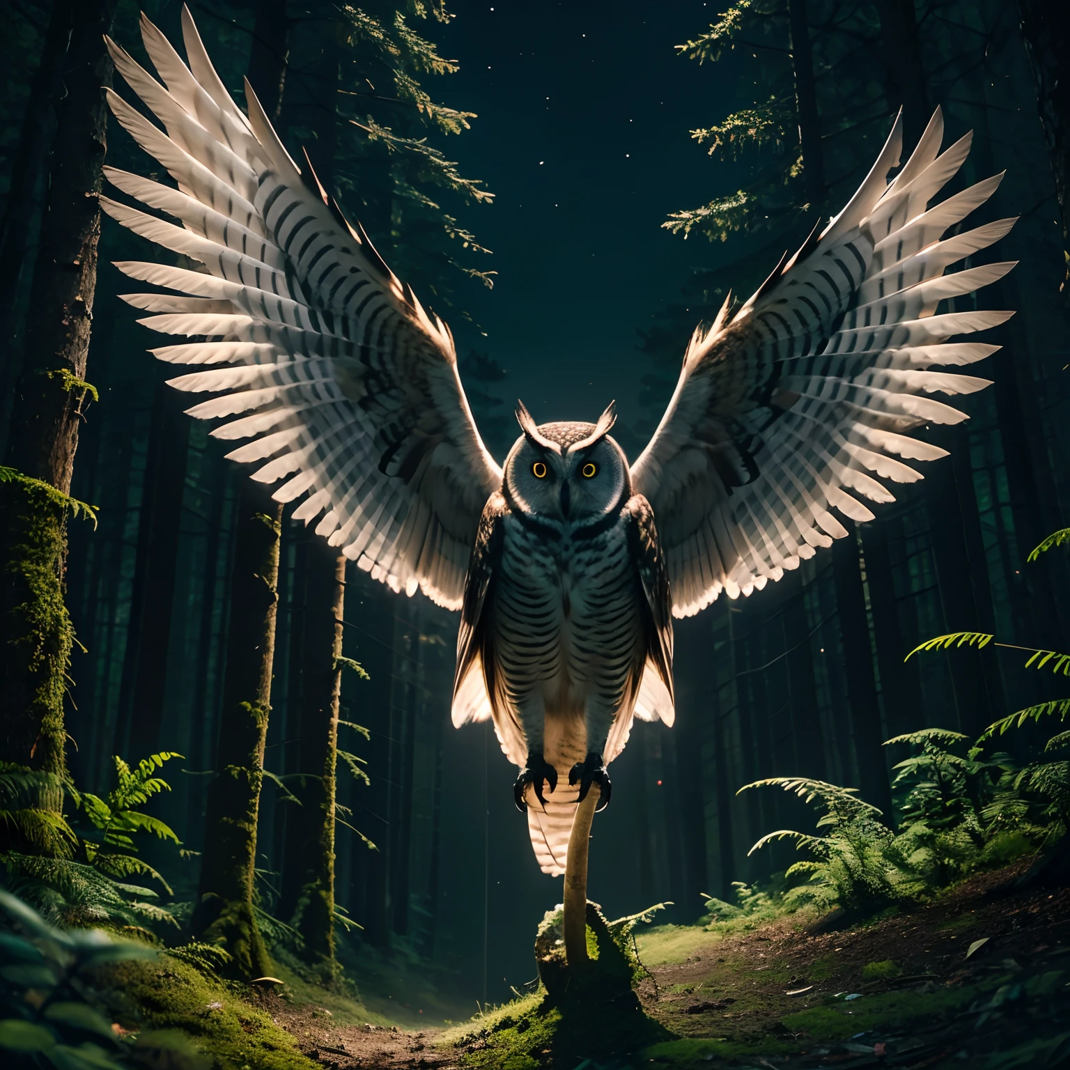finest image, (8k, RAW photo, realistic), owl in the night, eyes shining, wings spread and gliding, forest below