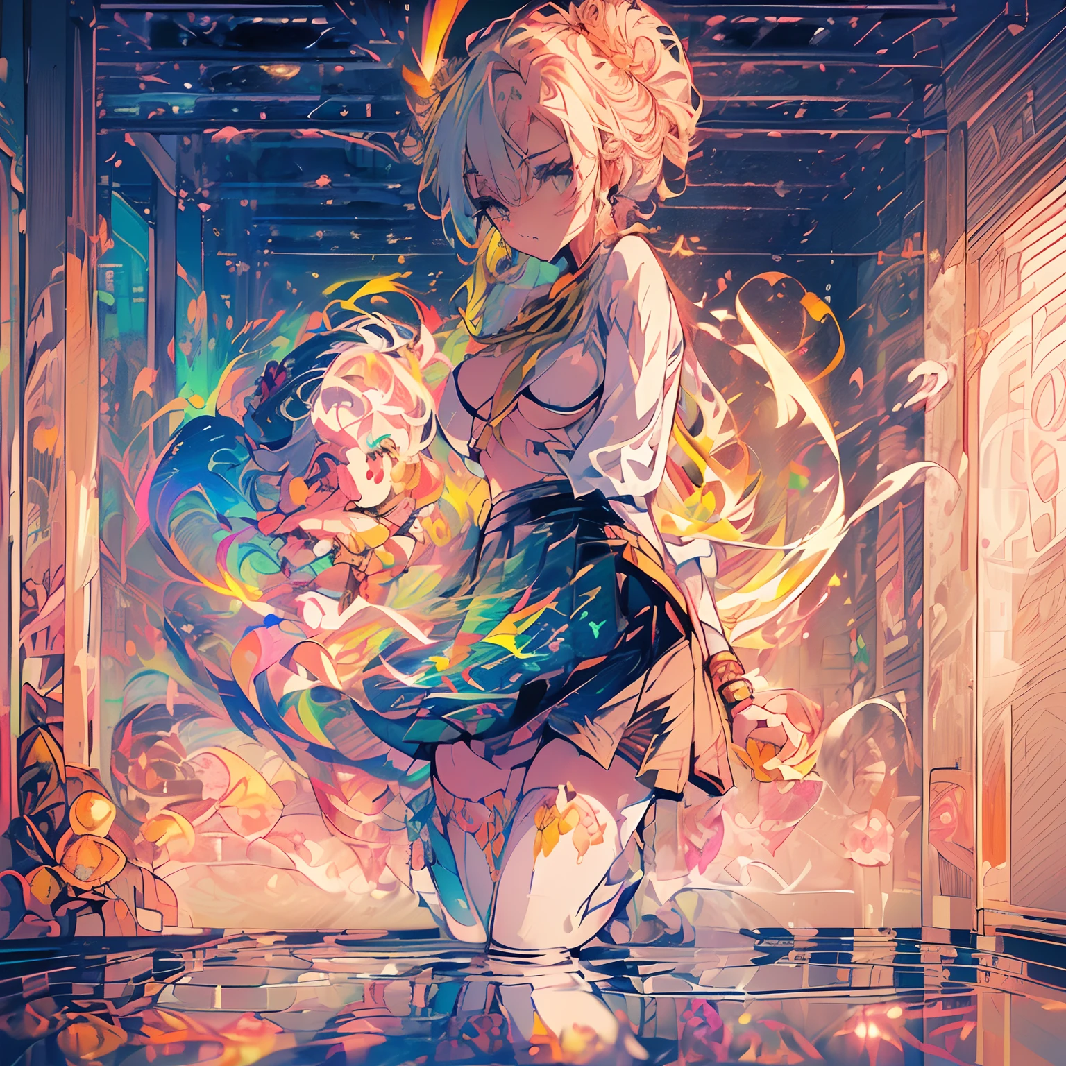 (masutepiece) ((Kaleidoscope)) ((Harmonious)) (ultra-quality) (very exquisite) (Professional Balance) (absurderes) (Wide Shot) (1人の女性) ((Upper body)) ((fullllbody)) ((G Cup Breasts)) (Fine-grained body lines) ((realisitic:0.75)) (zettai ryouiki) (Hi-Res Textures) (Clearly draw the shape of the nose) ((Exposure 1:0.25)) (((Shiny skin))) (X Hair Ornament) (Ornament Heart(Bracelet、gargantilha、ear ornament) (((((Beautiful little bun hair in yellow color))))) (Wave hair) ((((faithfully、Depiction of correct finger alignment)))) ((((faithfully、Depiction of the correct hand)))) (It clearly depicts the reflection of small white light in the pupil, which adds depth to the pupil) (((top-quality、Elegant yellow detail eyes))) (((Ultra Definition Masterpiece Highest Quality:1.2 4DCG high quality))) (Highly detailed face and eyes) (24-year-old woman) (Model body type) (Slender and long legs) (A slender) (mascara) (eyeshadows) (eye liner) (Glossy lipstick) (lip stick) (((((Rainbow × Angel Ribbon× Micro Micro Bikini × Ruffles))))) (((((Boob Pudding G Cup))))) (Photorealsitic) (8K Character Concept) (((32K HD image quality...)) (conputer graphics) (angelicales、pastels、Feather 1:1.5) (((((Uniform Skirt Mini))))) (Freedom of movement、evolve) (((Add charms to the background))) ((((angelicales)))) ((((Angel's Big Wings 1:1))) ((((Background school hallway))))) (((crosswind))) (((Panchira))) (((Skirt that holds down by hand))) (crosswind) (Flip-up) (((Marilyn Monroe))),nardack,,extended downblouse, large breasts, shirt, nsfw,, more prism, vibrant color,