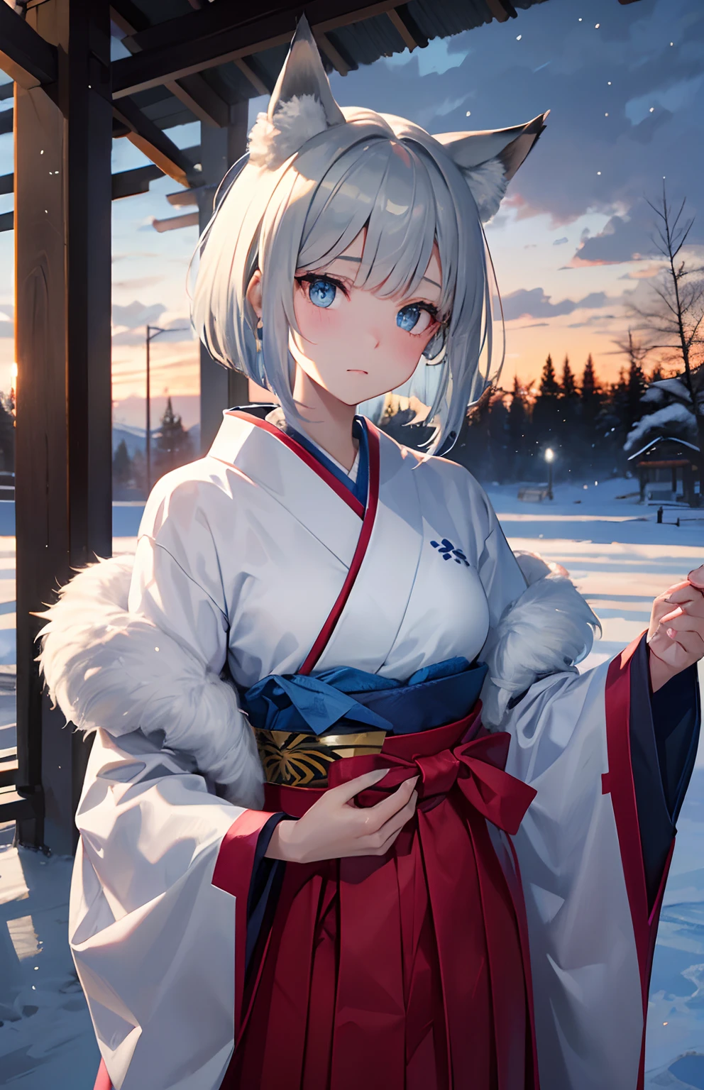 masterpiece,Top image quality,hight resolution,imagem 4k,Raw photo,Photorealsitic,{Solo},teens girl,Embarrassment,Silver Short Bob,stare at each other,,Blue eyes,小柄,,Silver fox ears,Fox tail,boyish,Hakama,snowscape,kimono,furr,