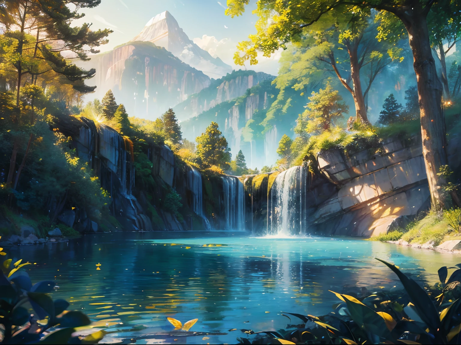 Golden light、rainbows、Heaven、angelicales、Deities、Luz Divina(masutepiece:1.3), (8K, Photorealistic, Raw photo, Best Quality: 1.4), The scenery of the lake is attractive, Intricate details,Golden ratio, Blue butterfly、lake、the woods、Being in Heaven、Landscape painting
