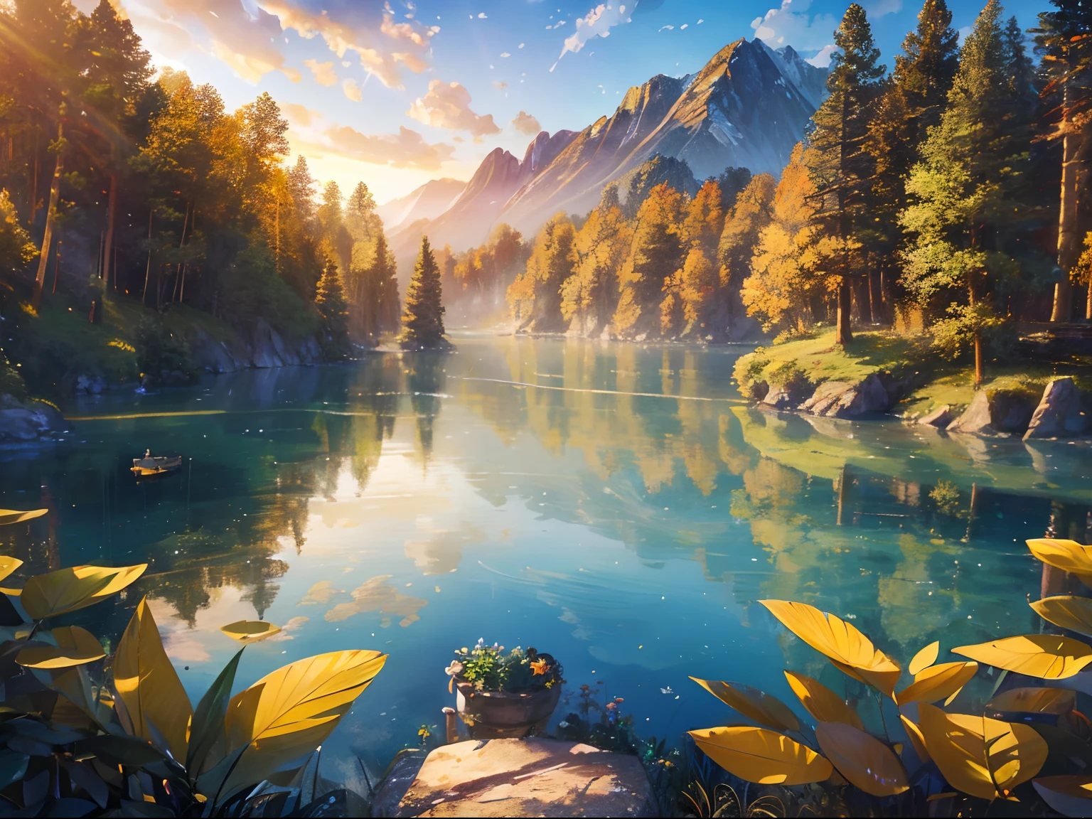 Golden light、rainbows、Heaven、angelicales、Deities、Luz Divina(masutepiece:1.3), (8K, Photorealistic, Raw photo, Best Quality: 1.4), The scenery of the lake is attractive, Intricate details,Golden ratio, Blue butterfly、lake、the woods、Being in Heaven、Landscape painting